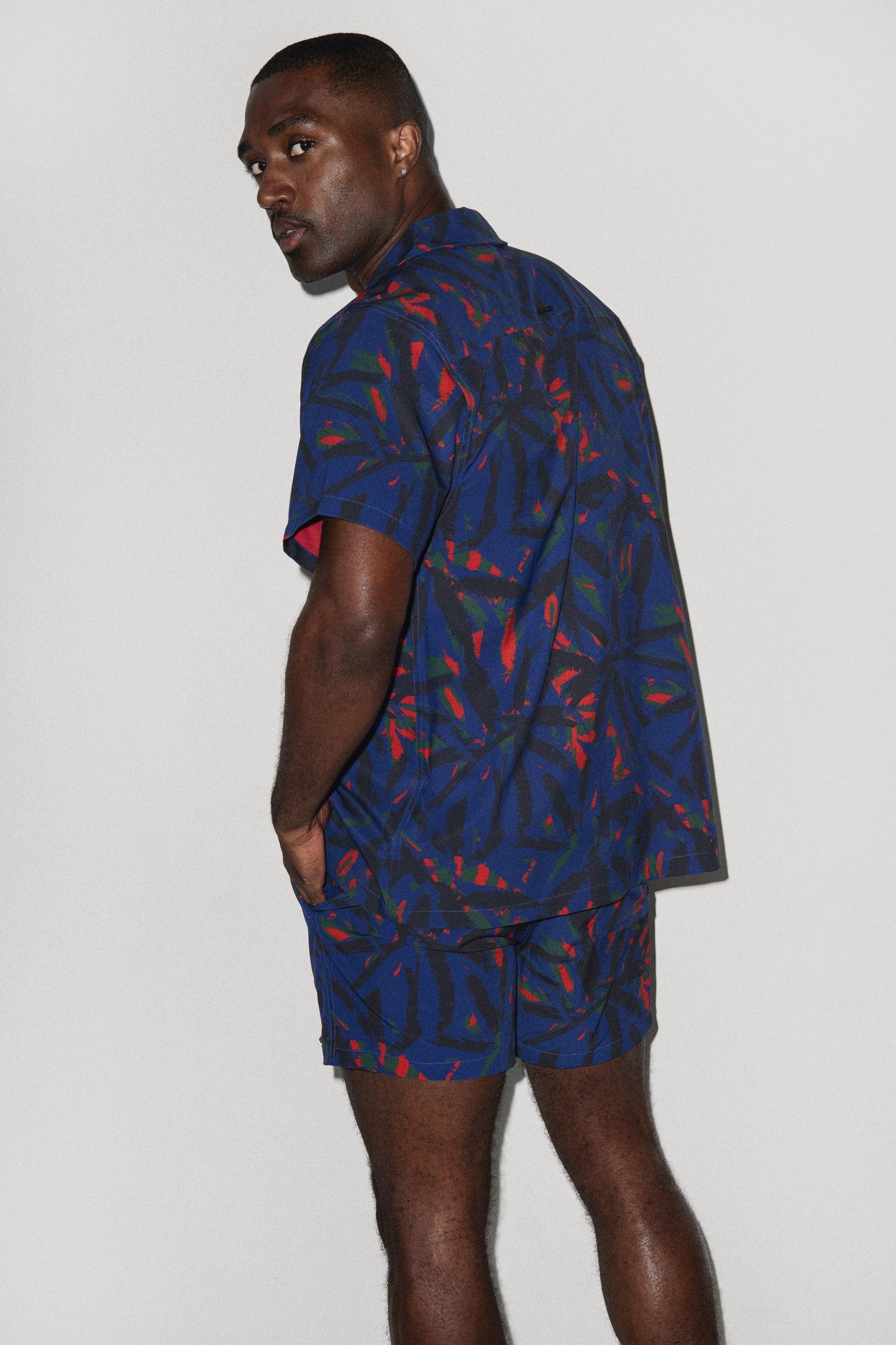 Saint Tropez Cabana Shirt Navy Palm - PLAYALUXE