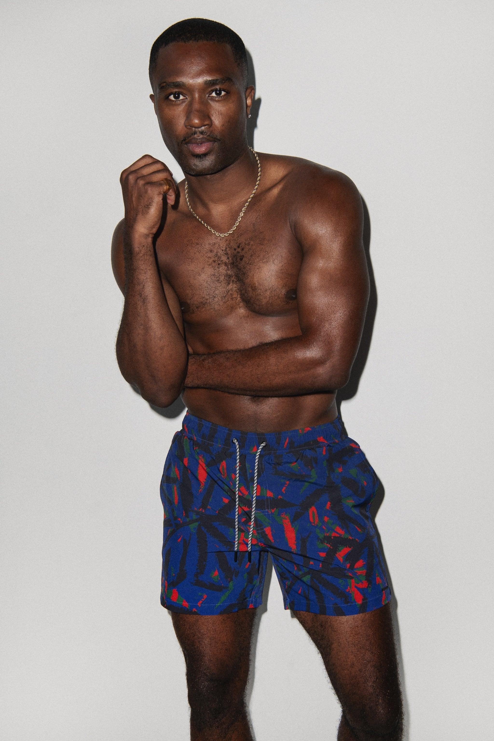 Tulum Volley Swim Trunk Navy Palm - PLAYALUXE