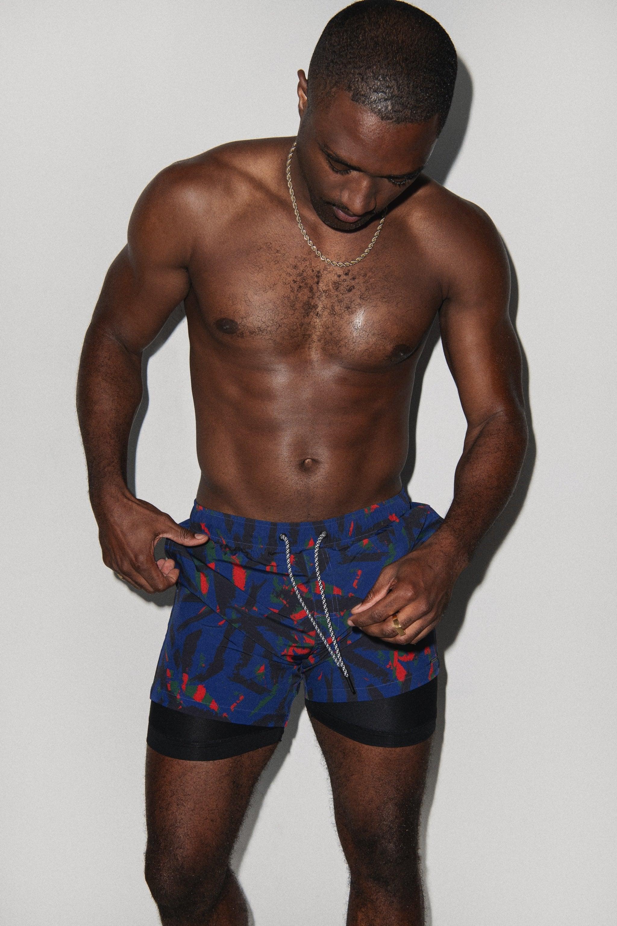 Tulum Volley Swim Trunk Navy Palm - PLAYALUXE