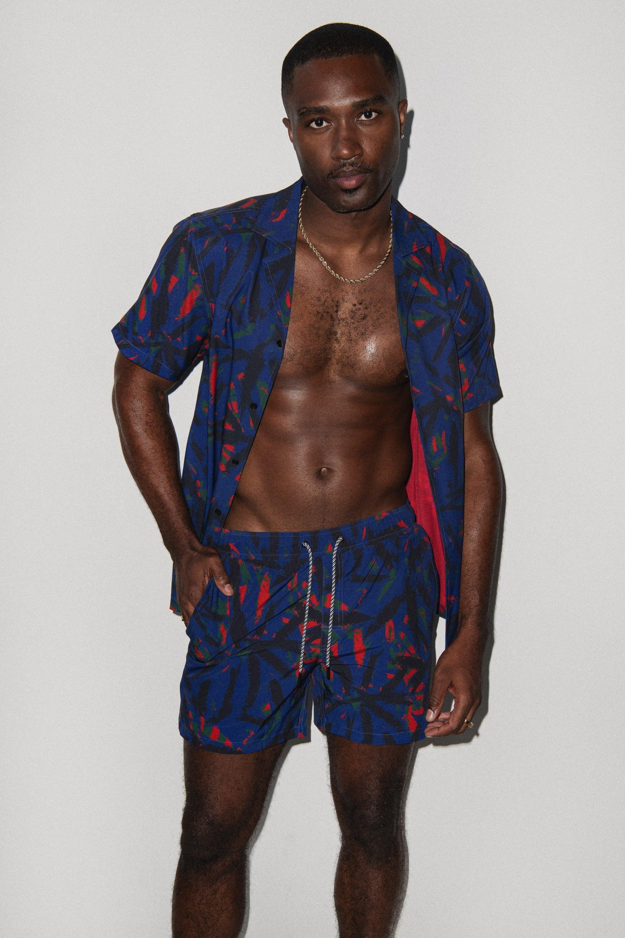 Saint Tropez Cabana Shirt Navy Palm - PLAYALUXE