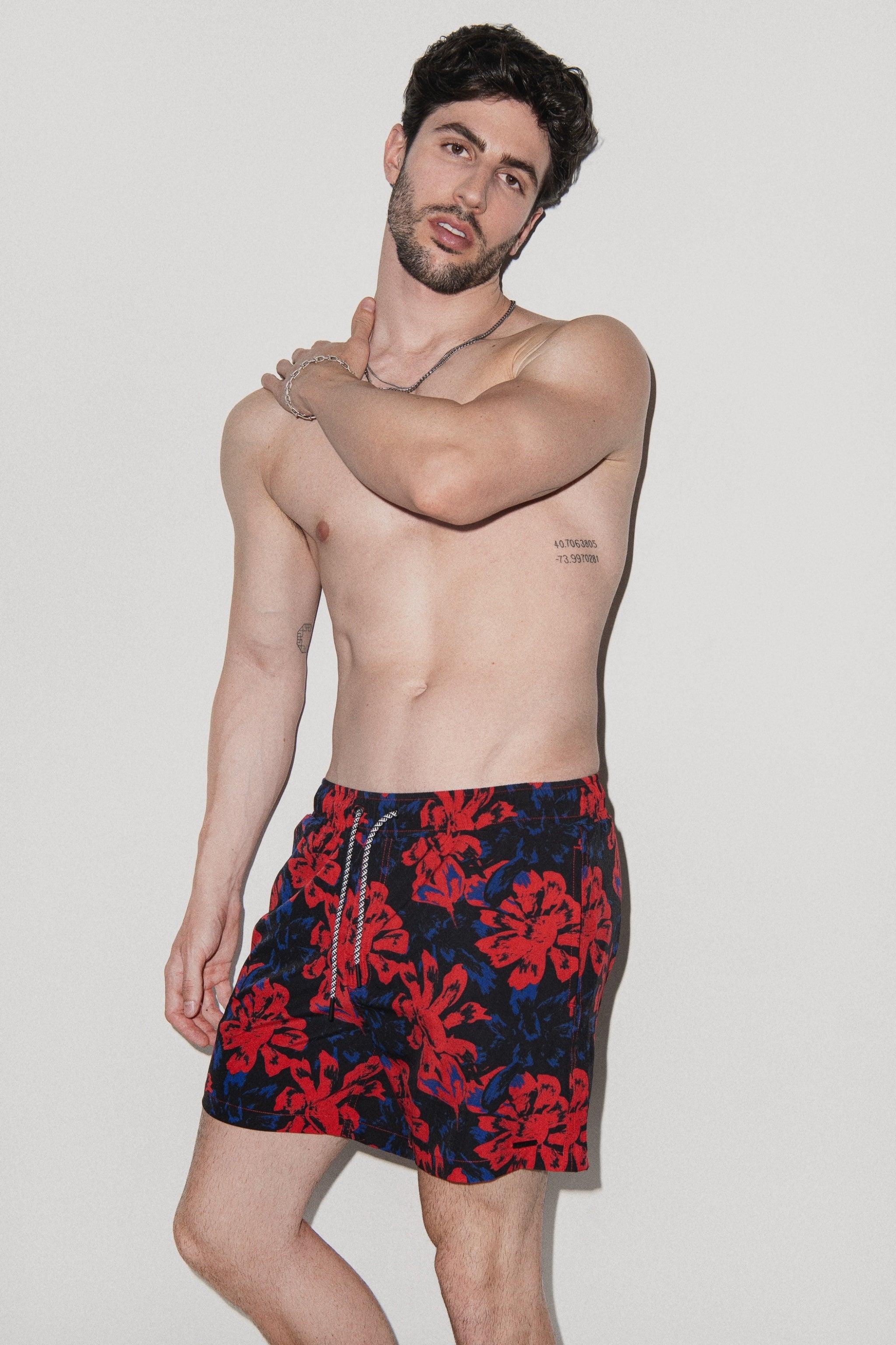 Tulum Volley Swim Trunk Red Vintage Floral - PLAYALUXE