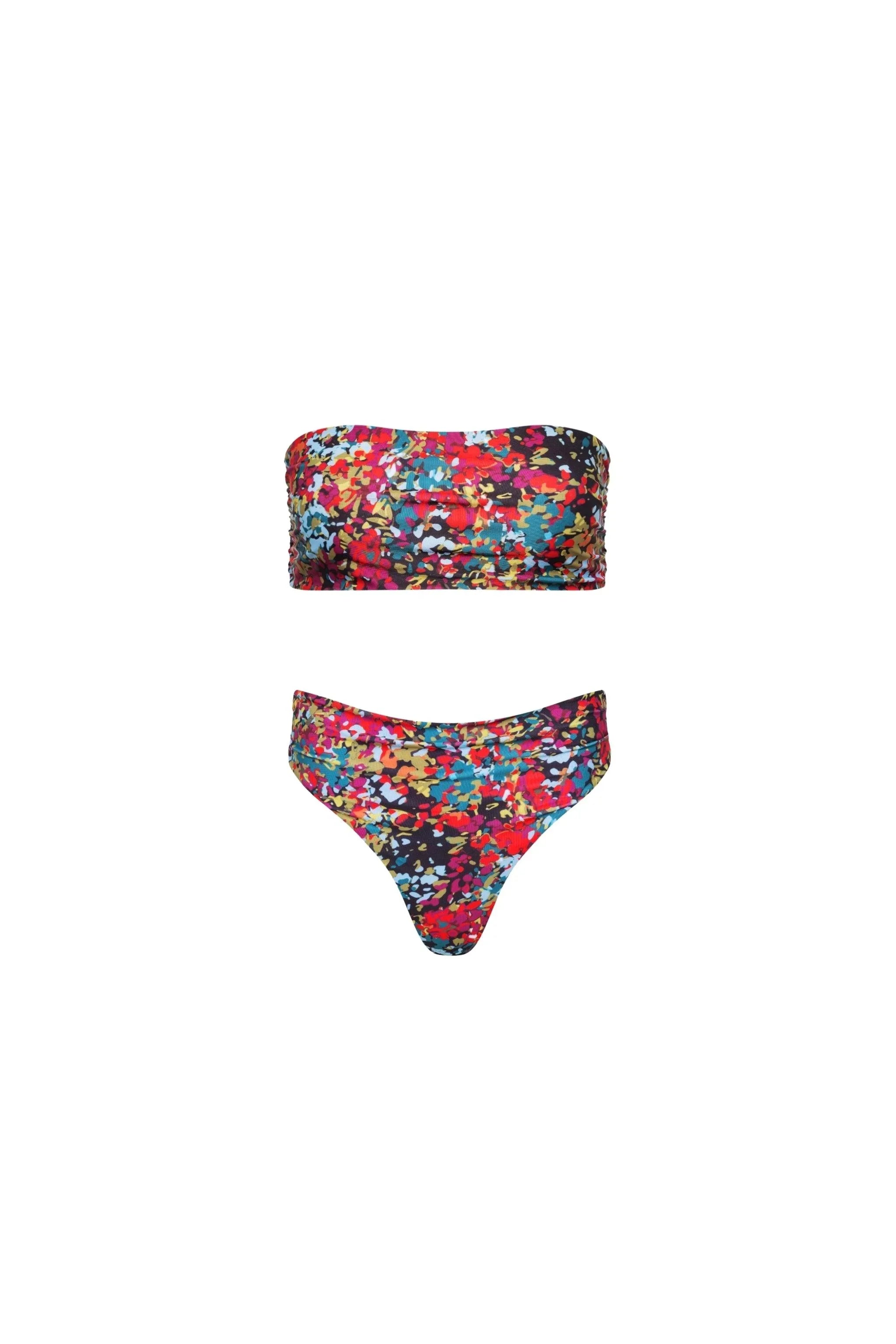 Capri Ruched Bandeau Bikini Set Red Confetti Floral - PLAYALUXE