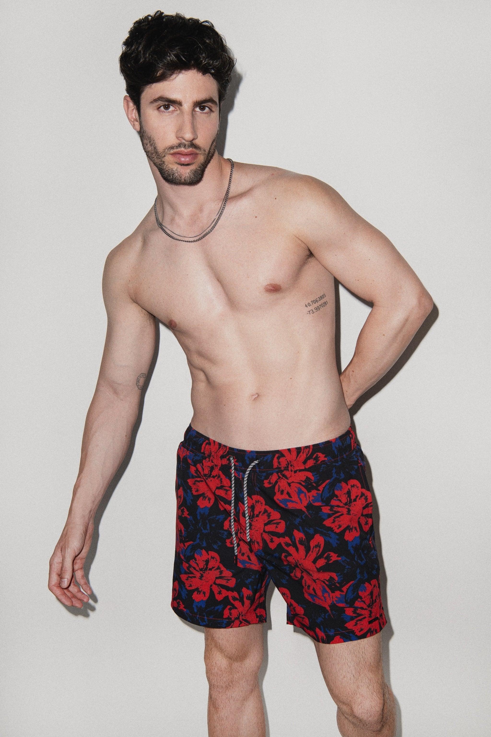 Tulum Volley Swim Trunk Red Vintage Floral - PLAYALUXE