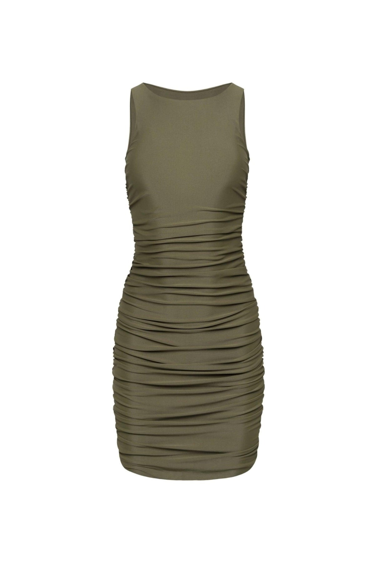 Olive green Ibiza ruched mini dress, front product view