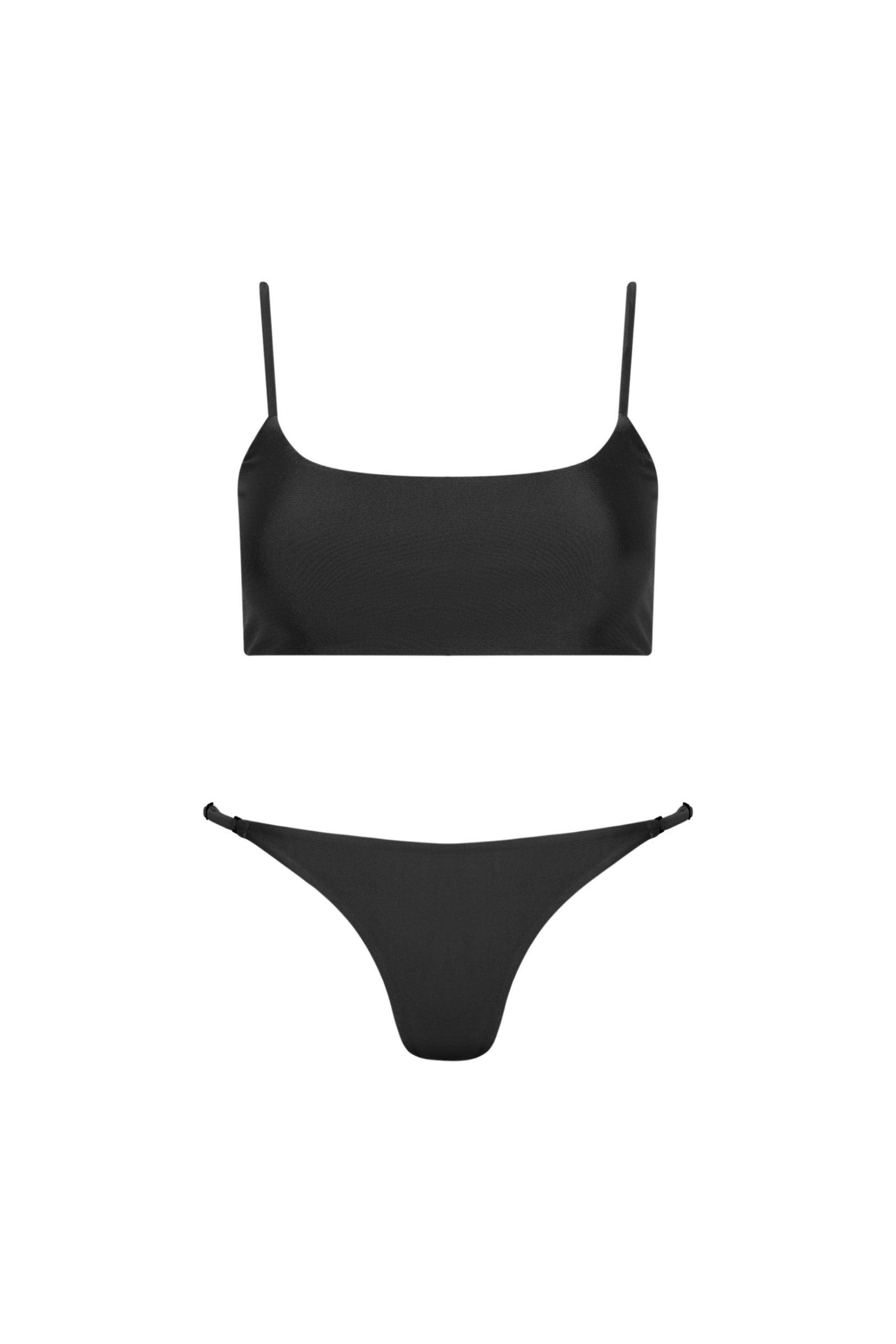A black bikini set with a scoop neck bralette top and a seamless thong bikini bottom with adjustable hip straps.