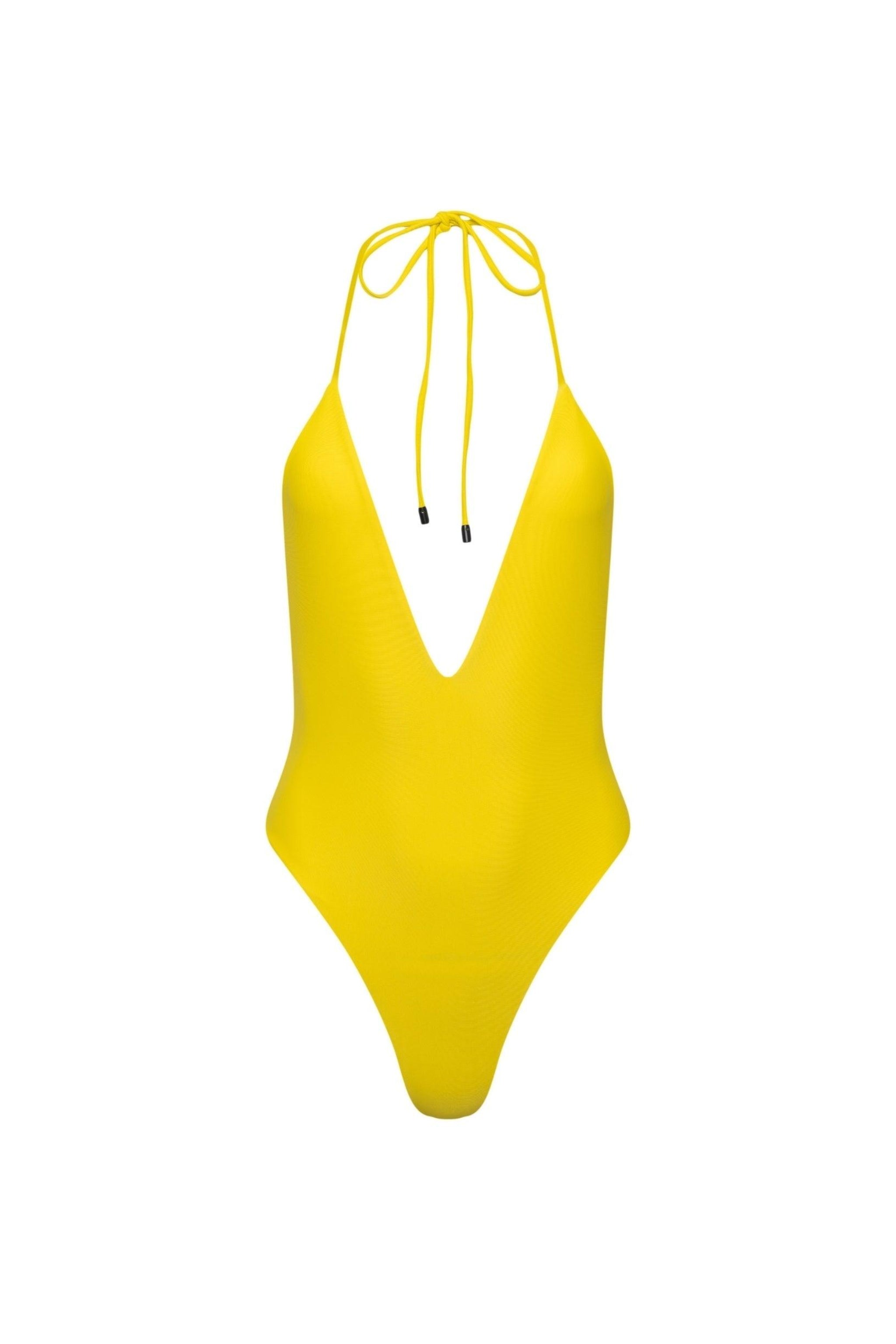 A bold yellow one-piece swimsuit with a deep v-neckline and adjustable string ties at the neck.