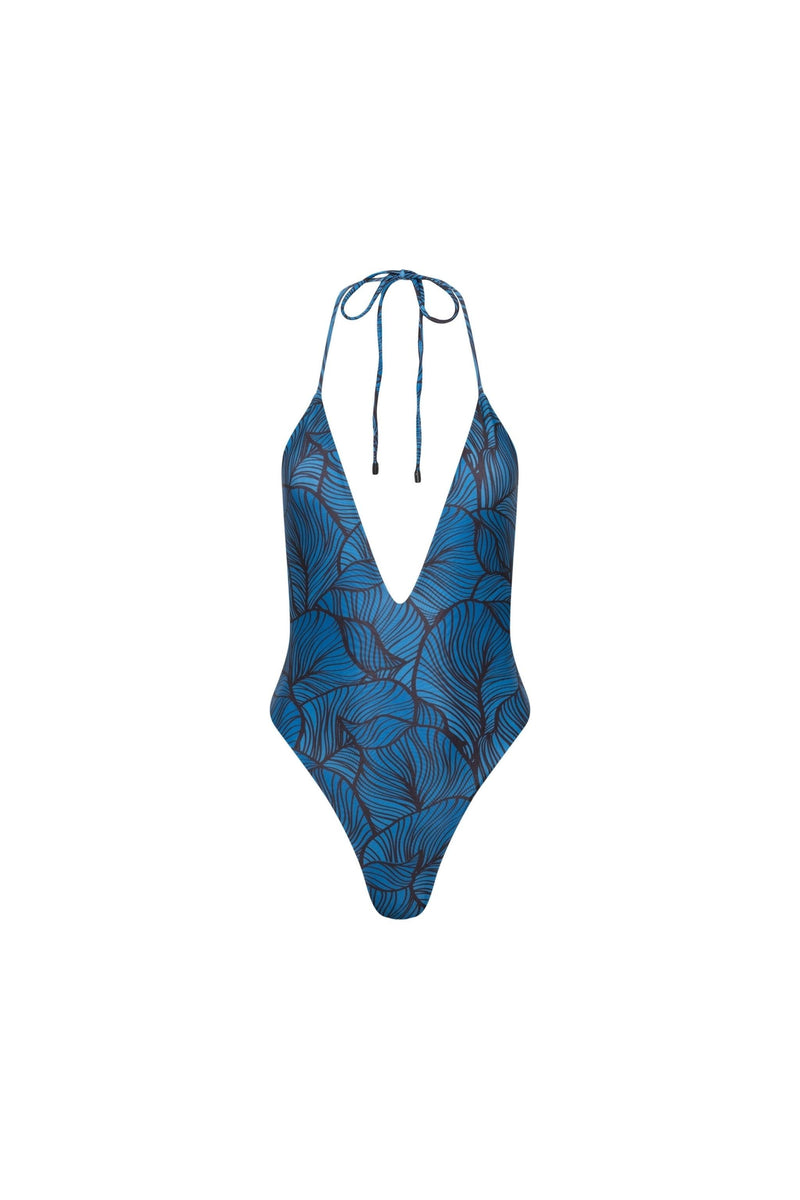 Los Cabos Deep V One Piece Blue Leaf - PLAYALUXE