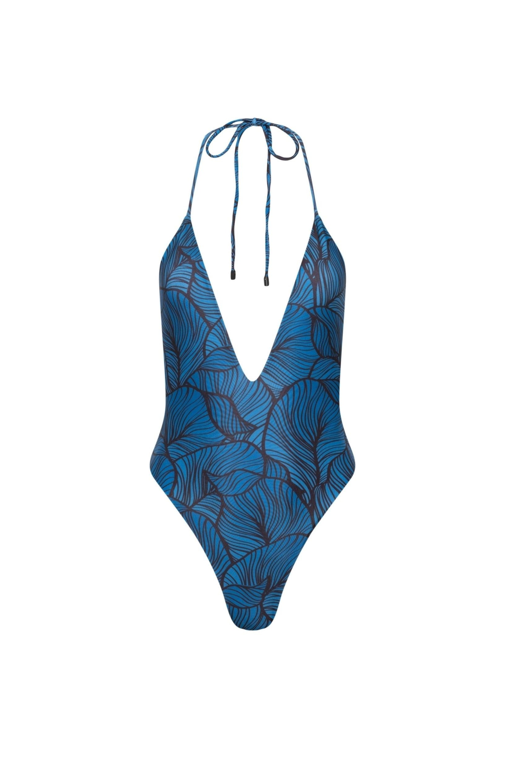 Los Cabos Deep V One Piece Blue Leaf - PLAYALUXE