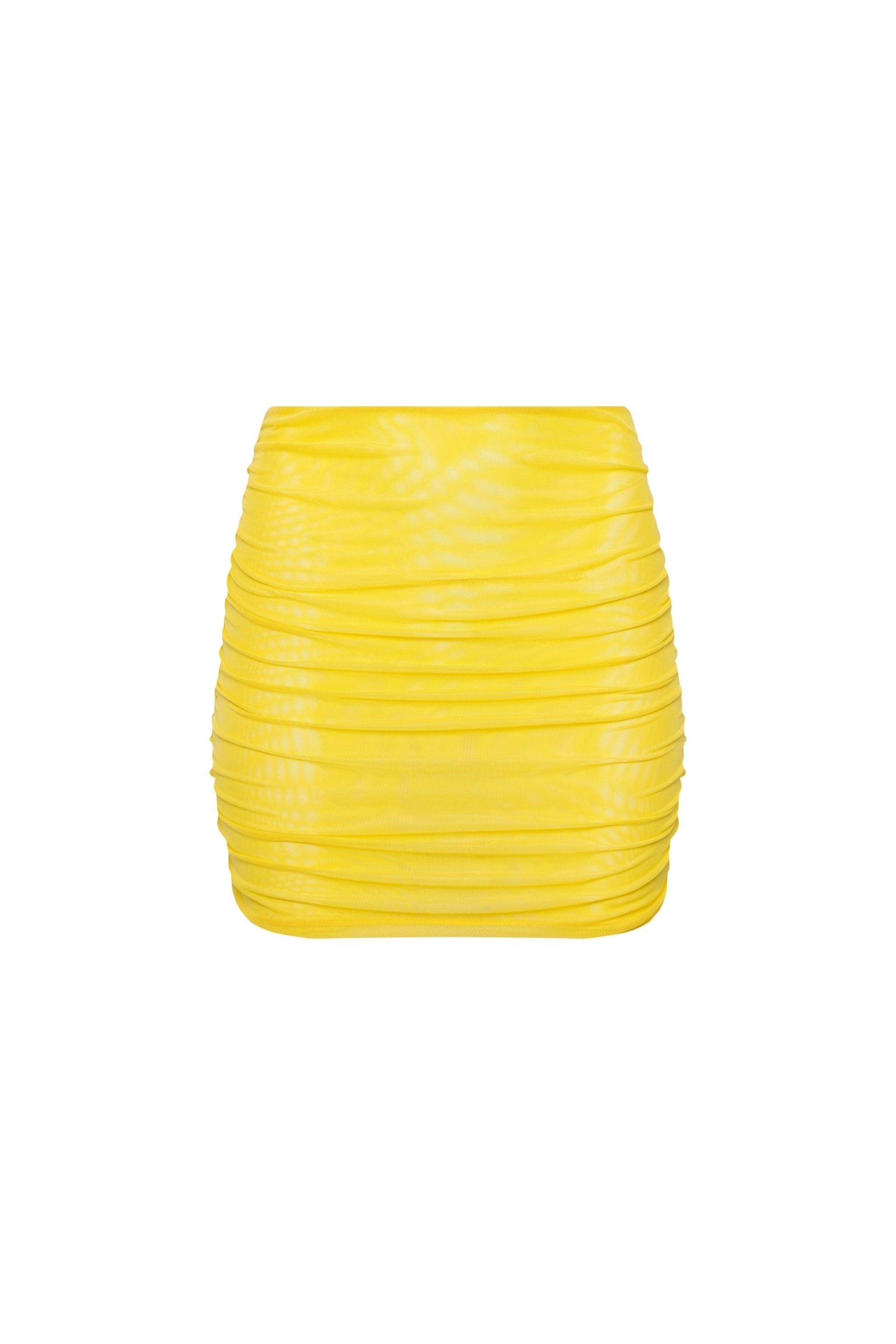 A yellow mesh mini skirt with ruched detailing.
