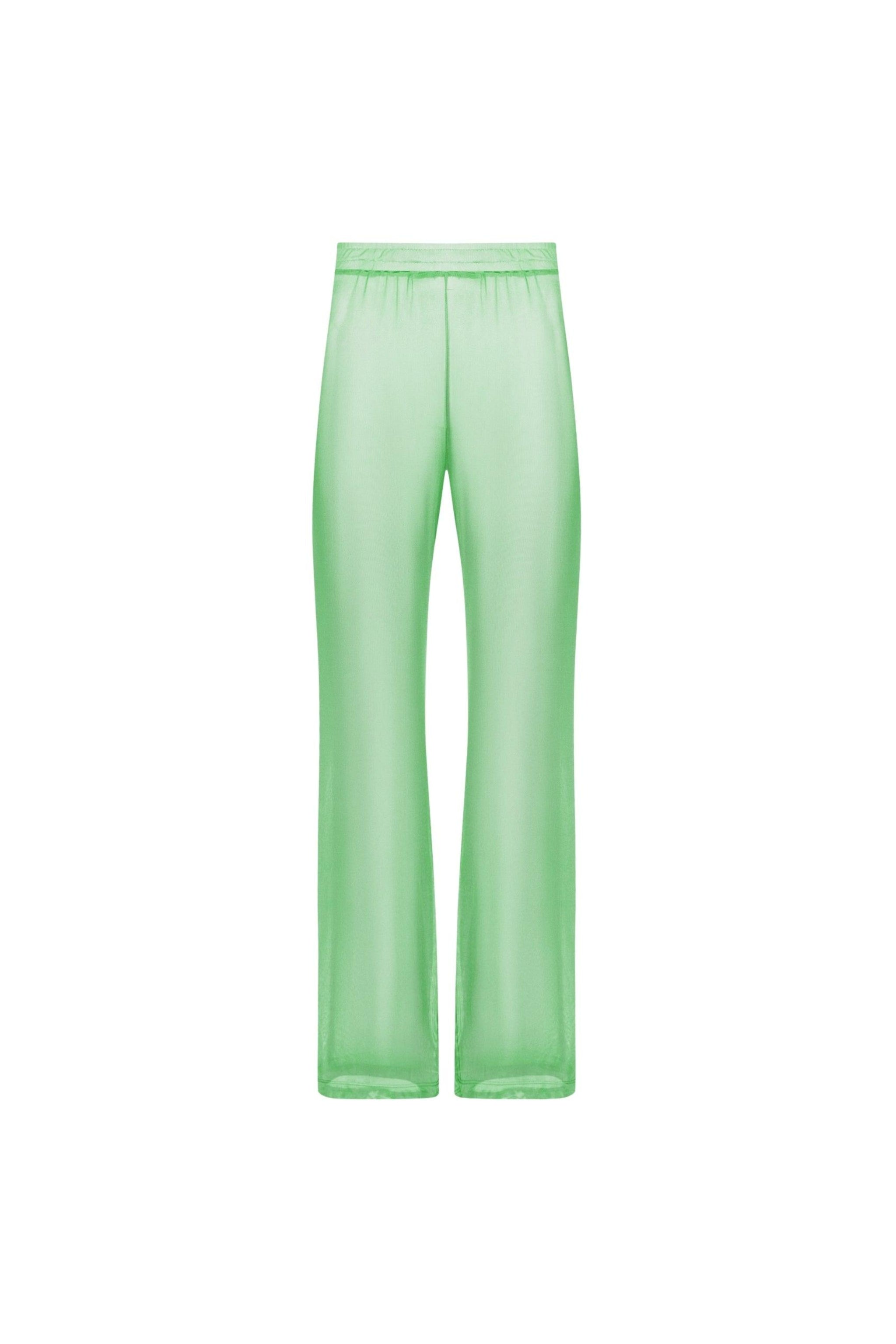 A pair of high-waisted, green, mesh fabric pants with a wide-leg design.