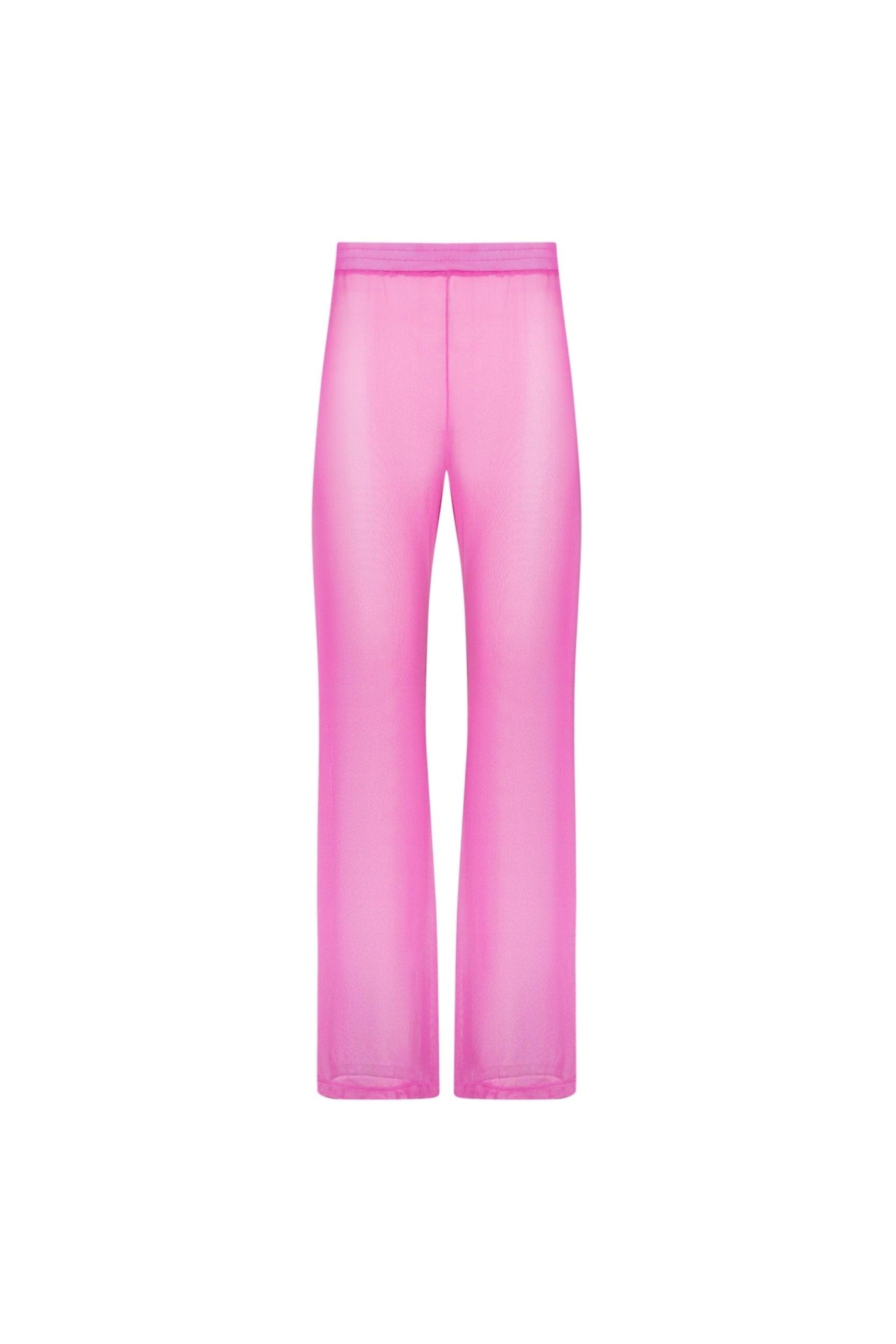A pair of high-waisted, pink, wide-leg mesh pants with an elastic waistband.