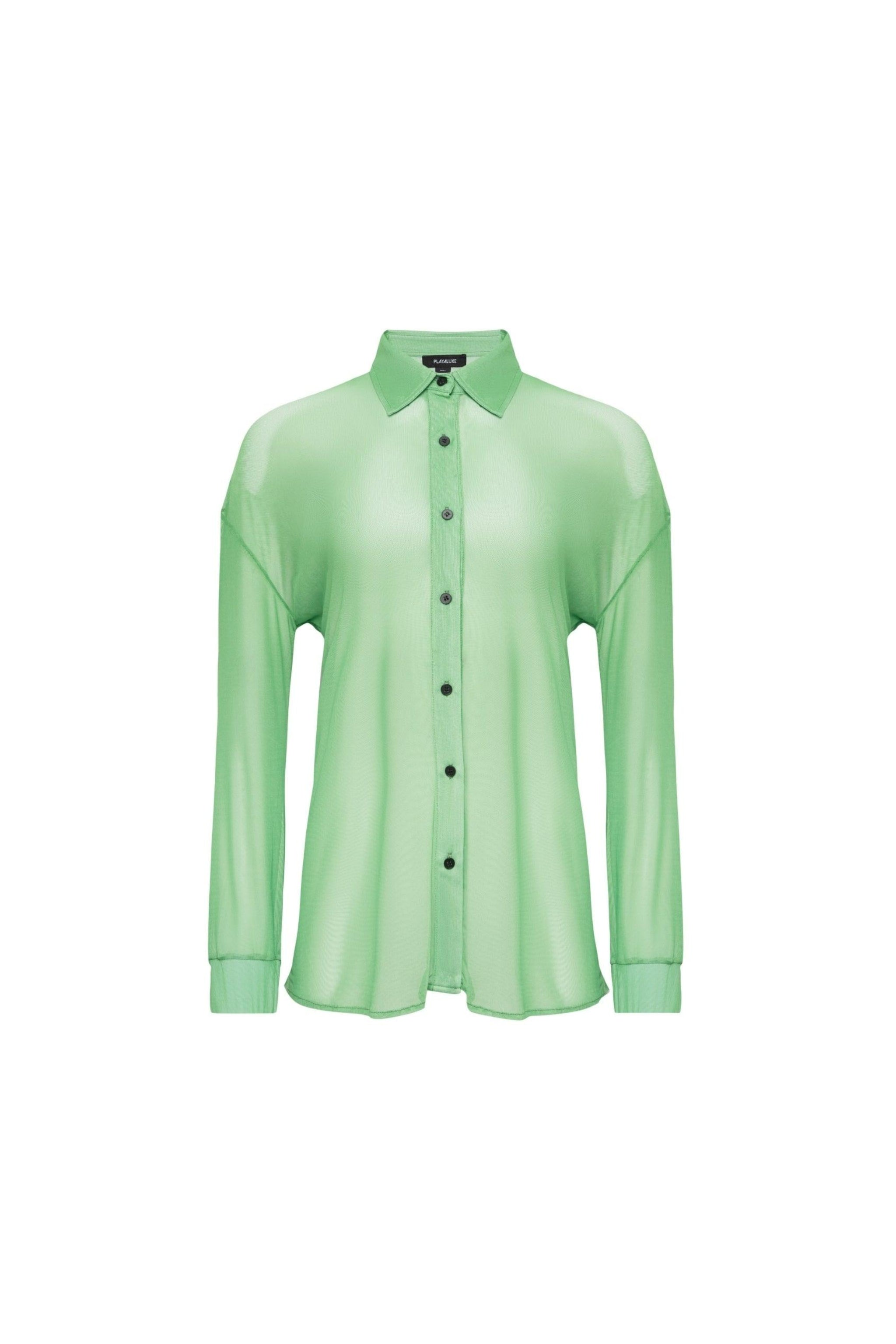 A long sleeve green mesh shirt with a traditional collar and button front closure. The shirt has dropped shoulders and mesh covered elastic sleeve cuffs.