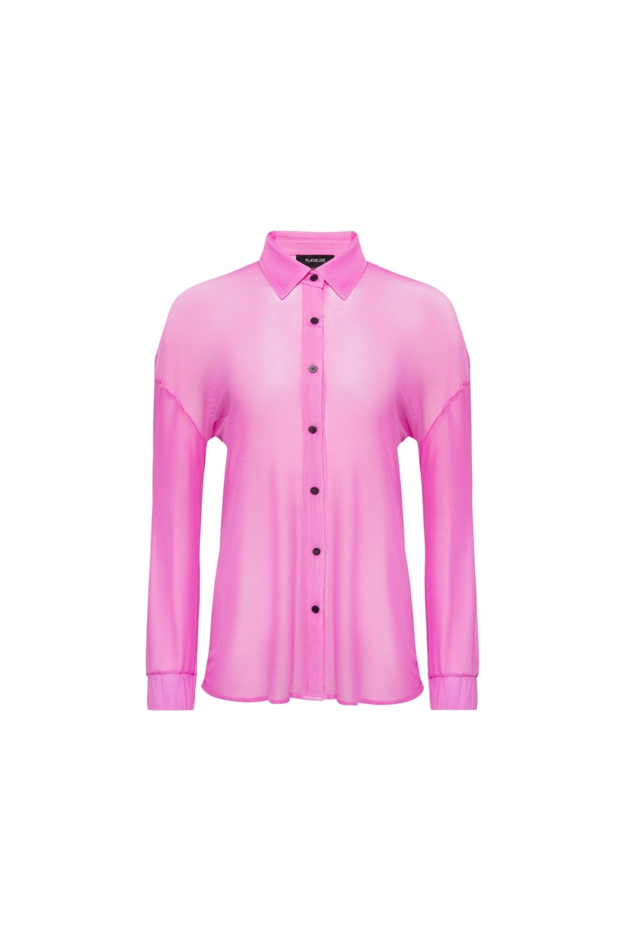 A long sleeve pink mesh shirt with a traditional collar and button front closure. The shirt has a relaxed fit and mesh covered elastic sleeve cuffs.