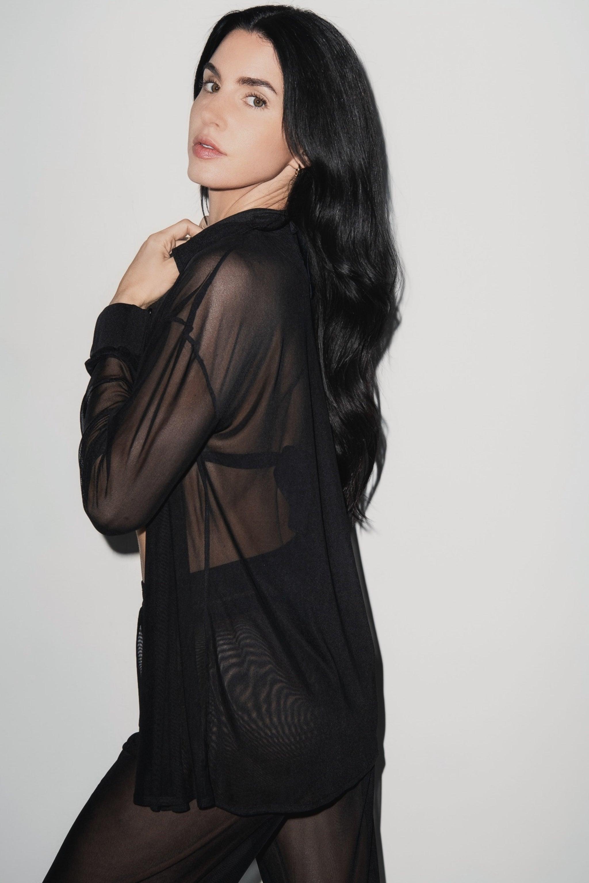 Mykonos Long Sleeve Mesh Shirt Black - PLAYALUXE