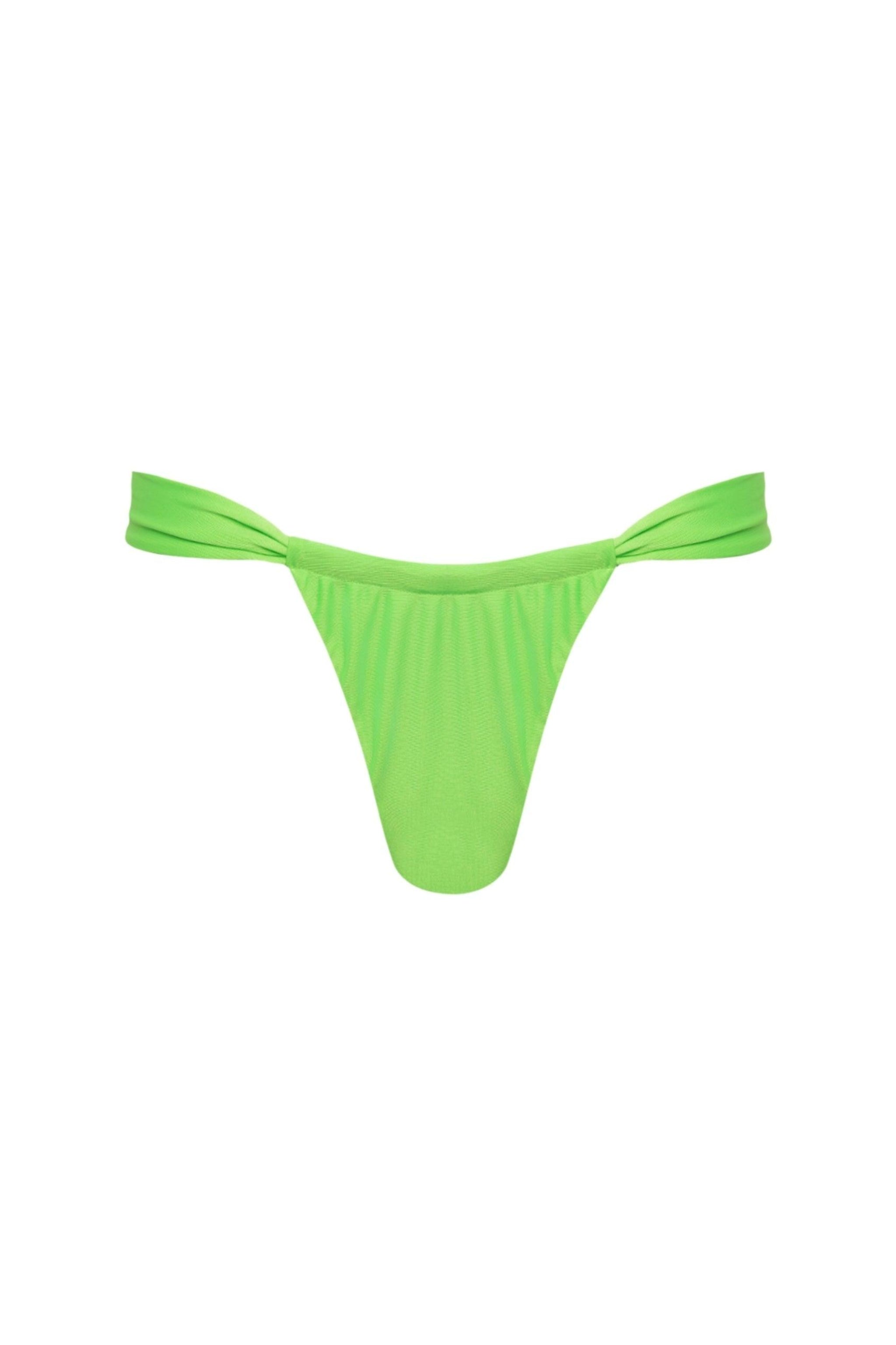 Neon green bikini bottom with ruched design and high-cut hip straps.