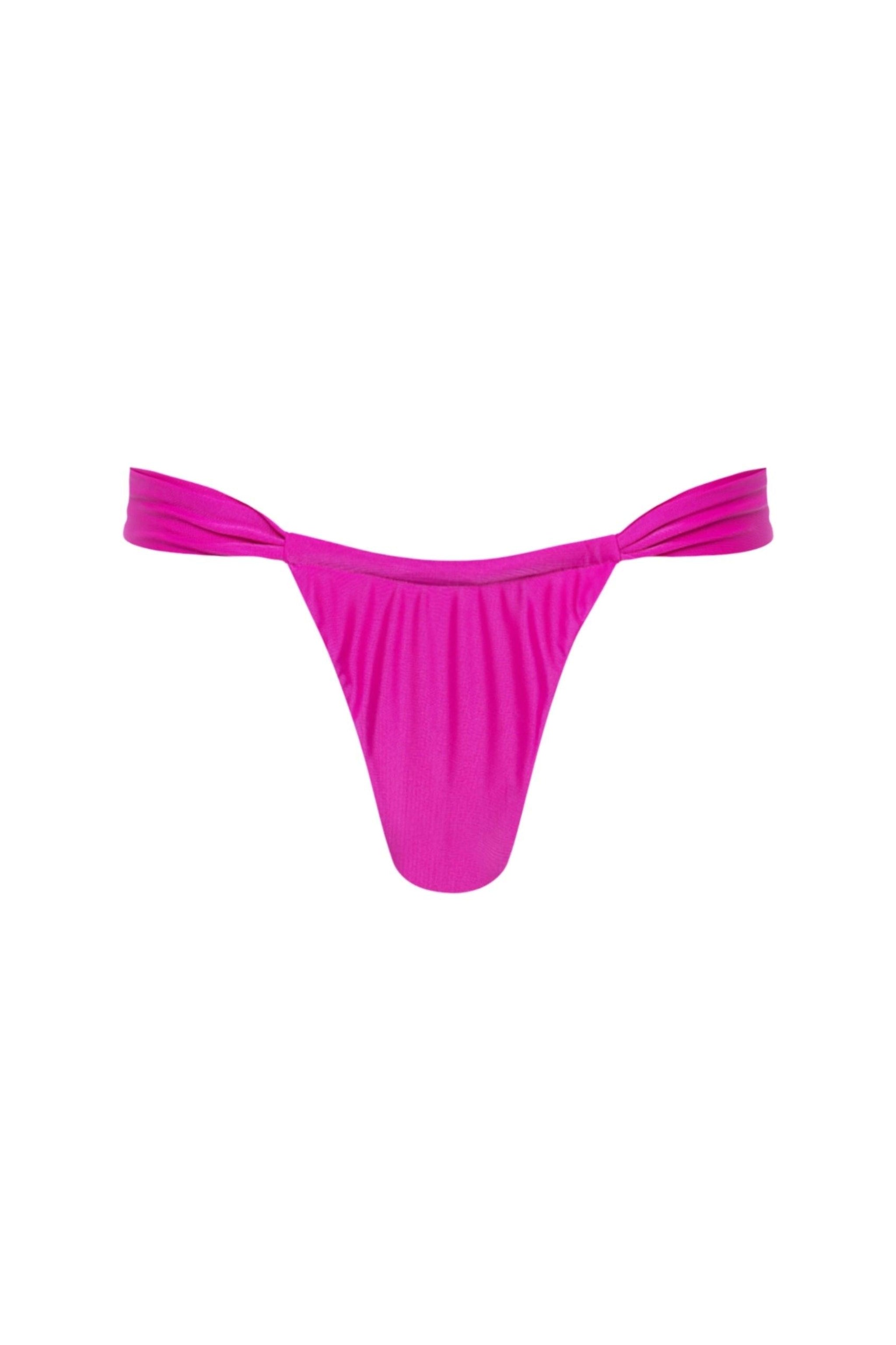 A purple ruched thong bikini bottom with high cut hip straps and minimal coverage.