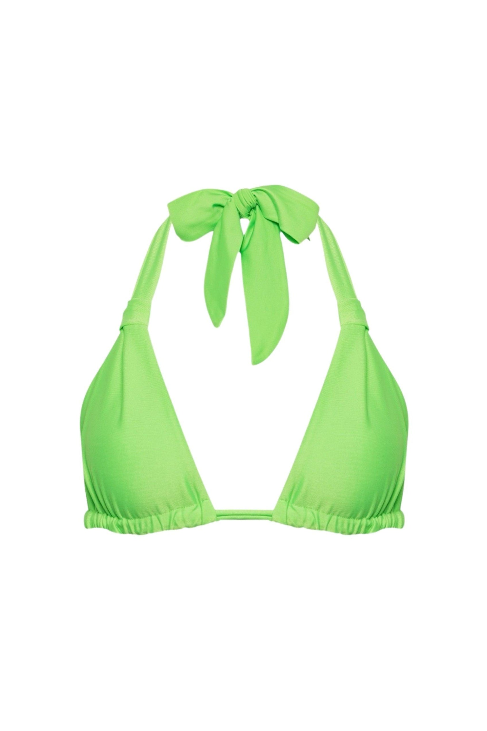 A neon green triangle bikini top with ruched detailing and adjustable fabric ties at the neck and back.