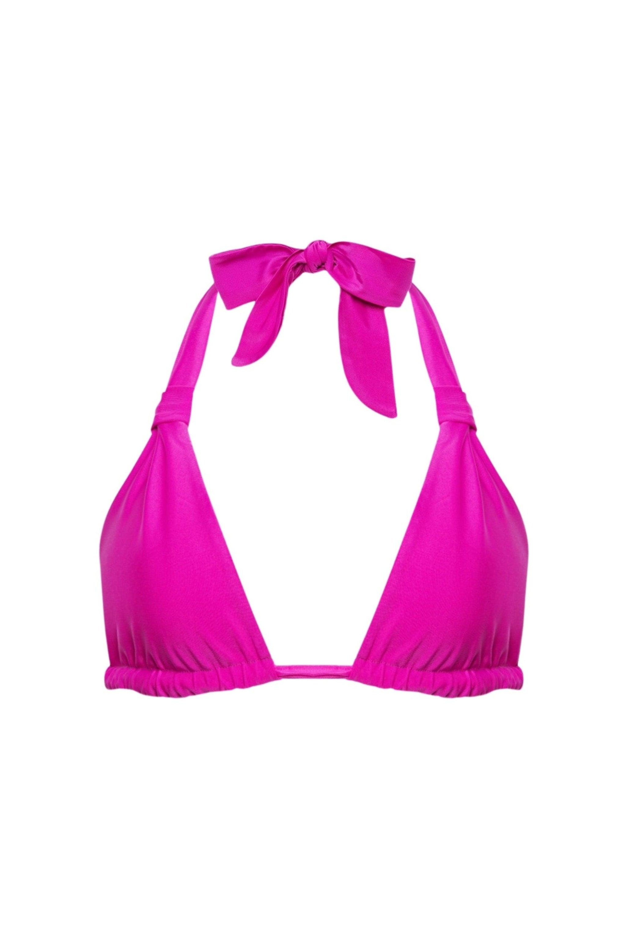 A purple ruched triangle bikini top with adjustable fabric ties at the neck and back.
