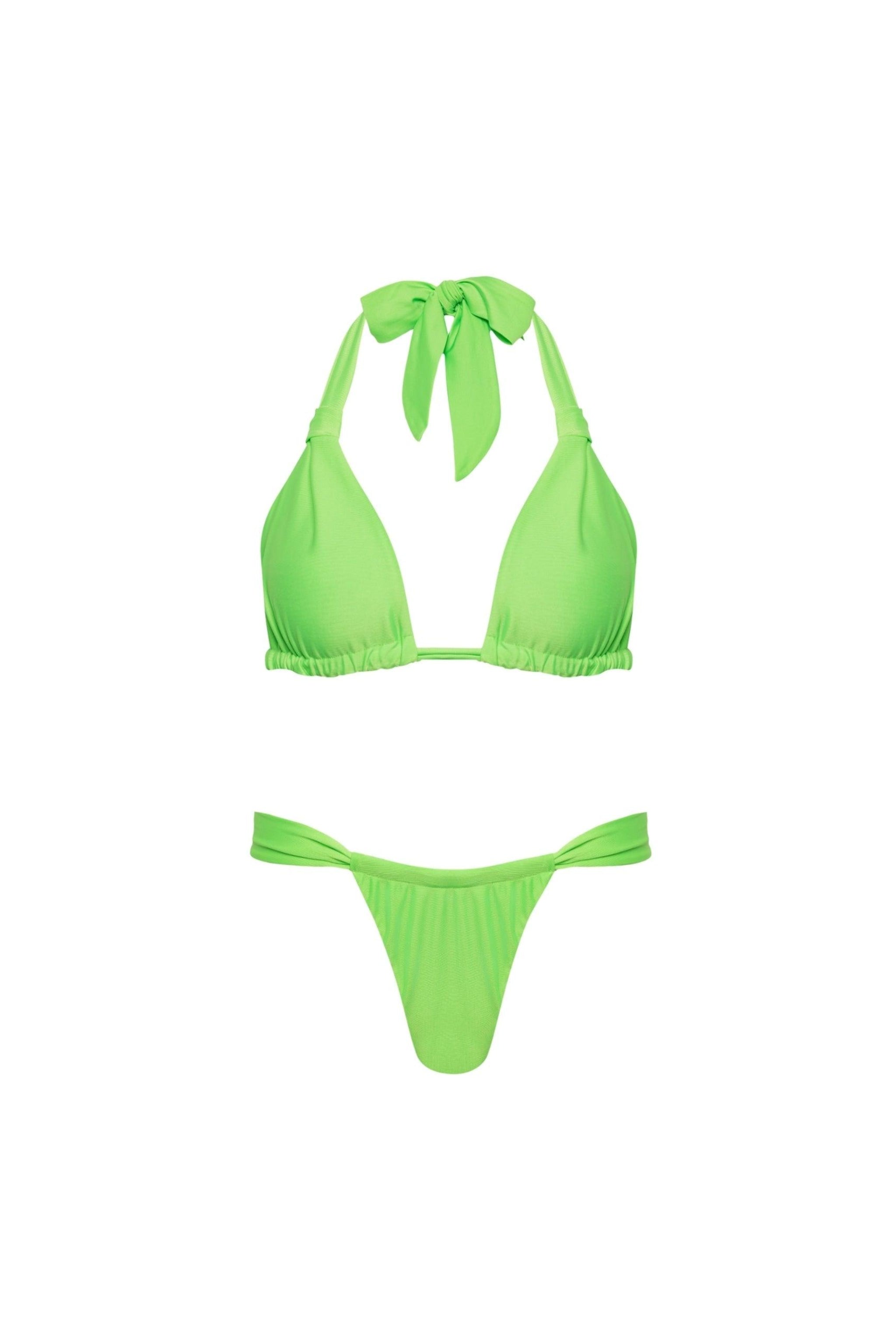 A neon green triangle bikini set with ruched thong bottom and adjustable fabric ties.