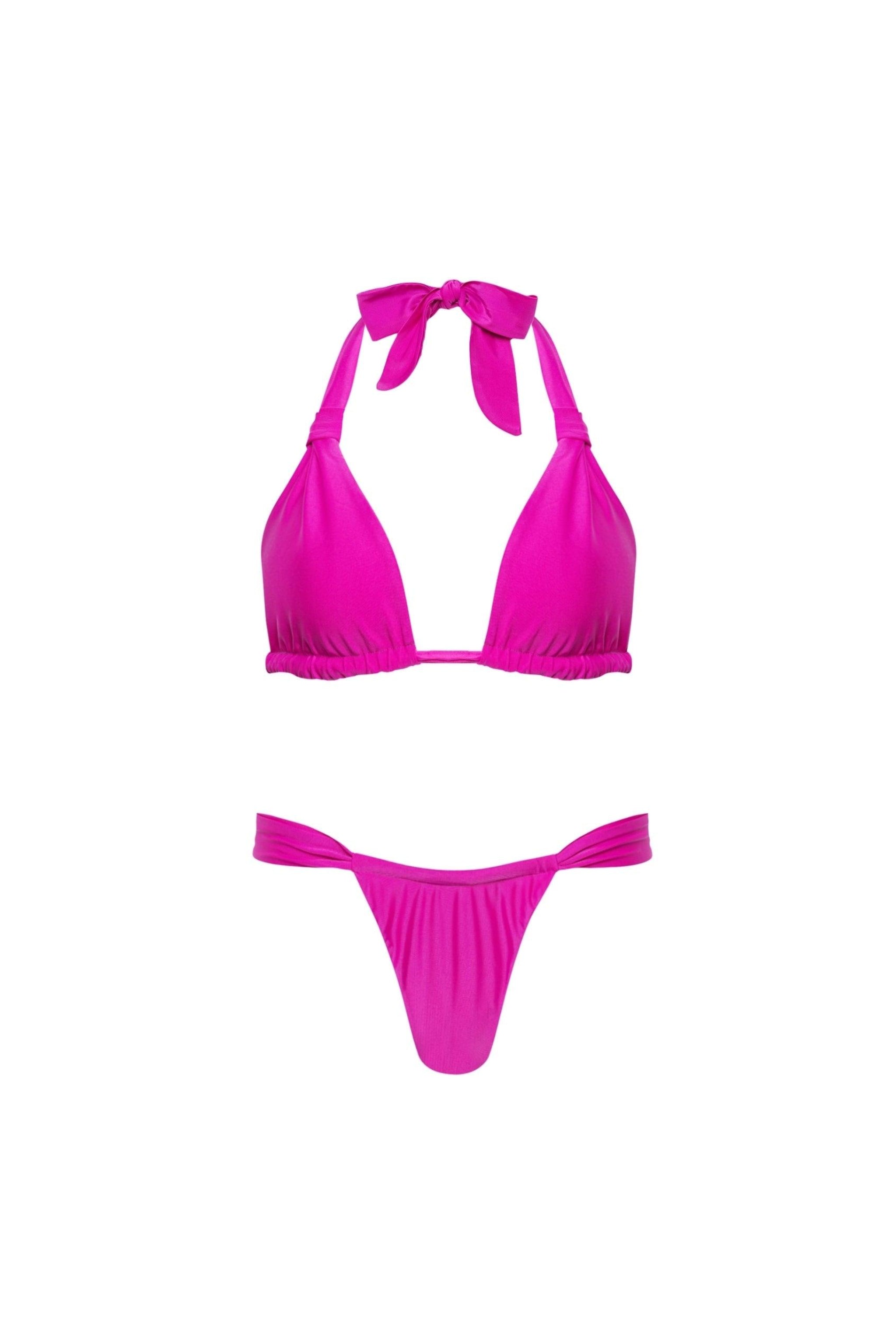 A purple triangle bikini set with ruched thong bottom and adjustable fabric ties.