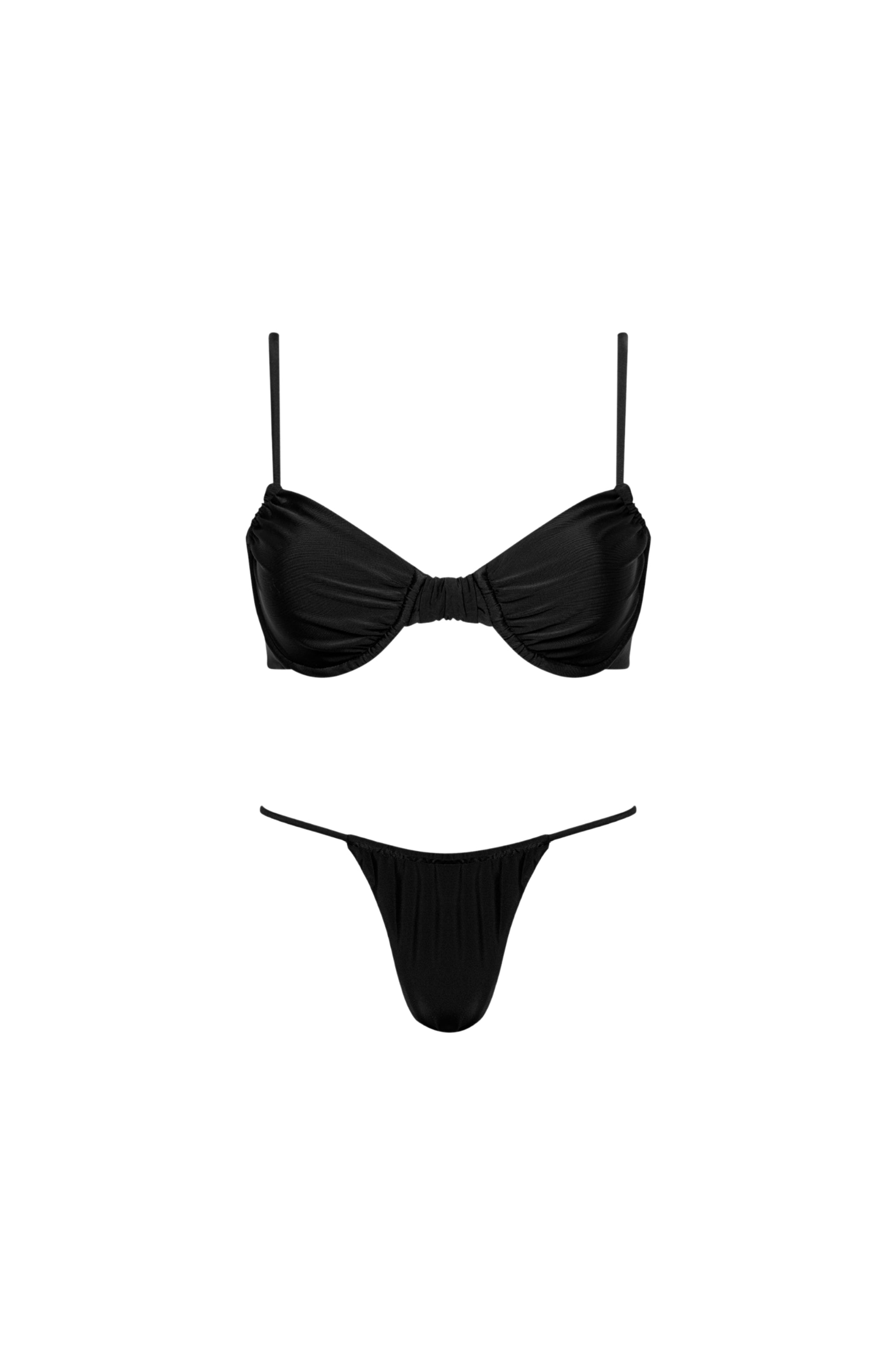 Capri Ruched Underwire String Bikini Set Black - PLAYALUXE