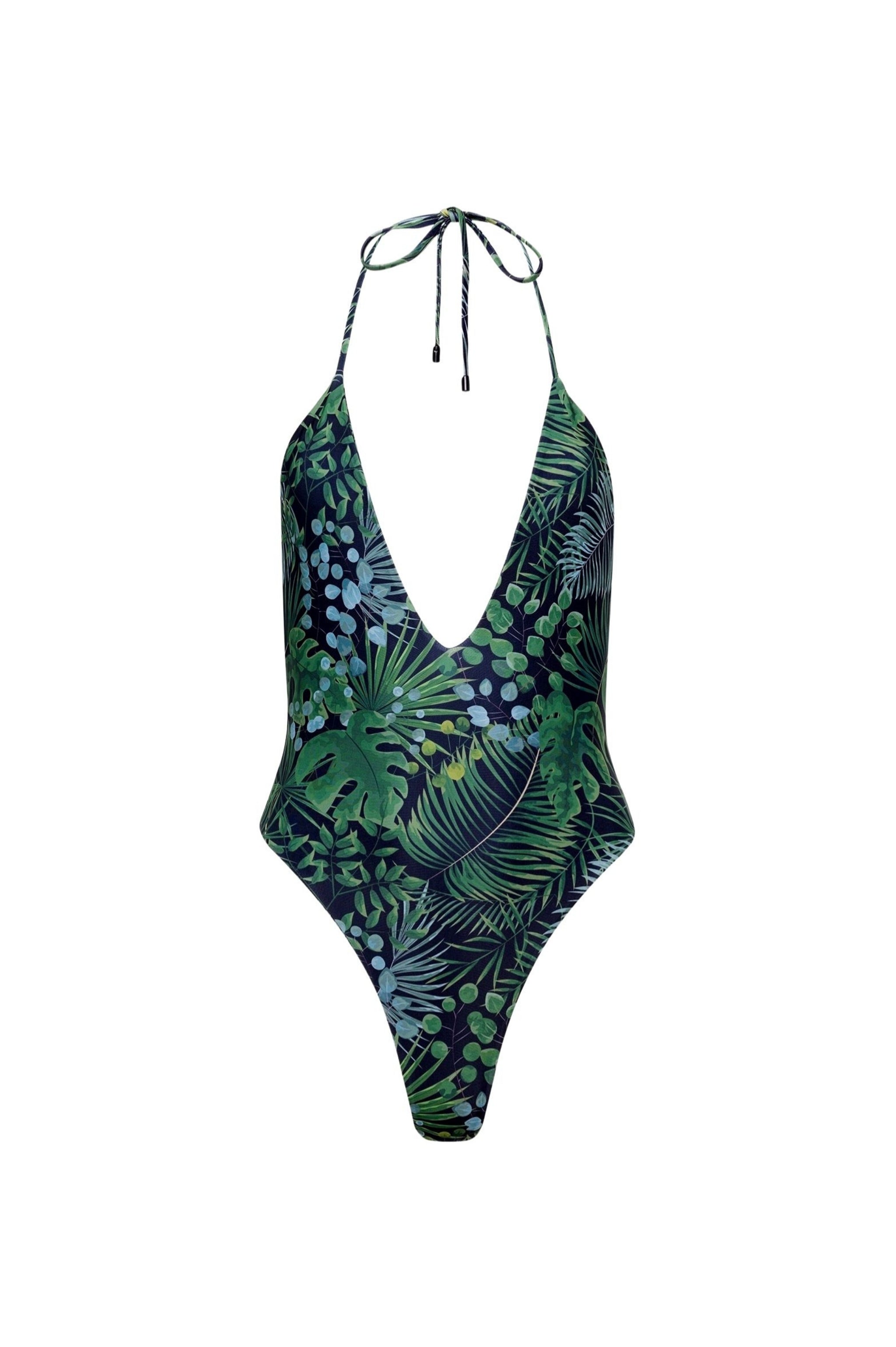 Los Cabos Deep V One Piece Green Palm - PLAYALUXE
