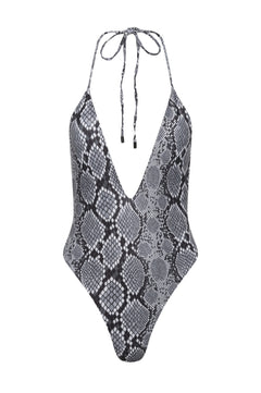 Snake print swimsuit with deep v plunging neckline on a white background