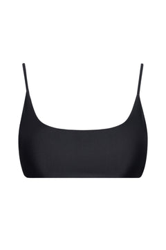 Black bralette bikini top with thin straps on a white background
