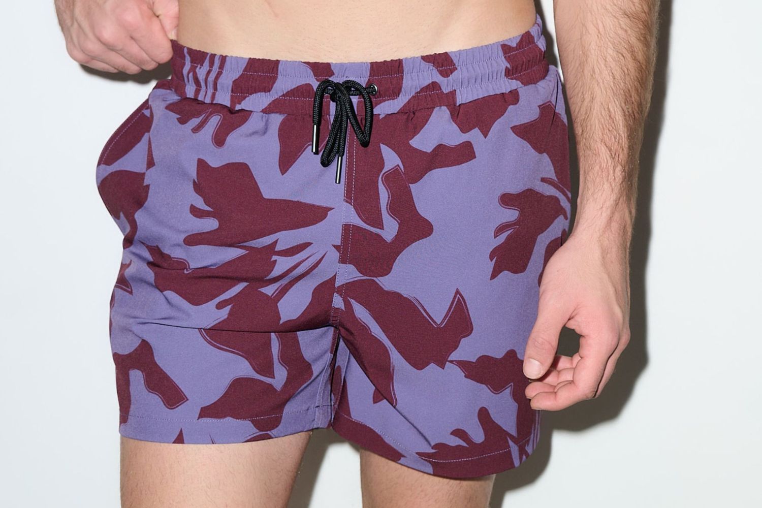 Men's burgundy lilac patterned swim trunk with 5 inch inseam and drawstring waistband