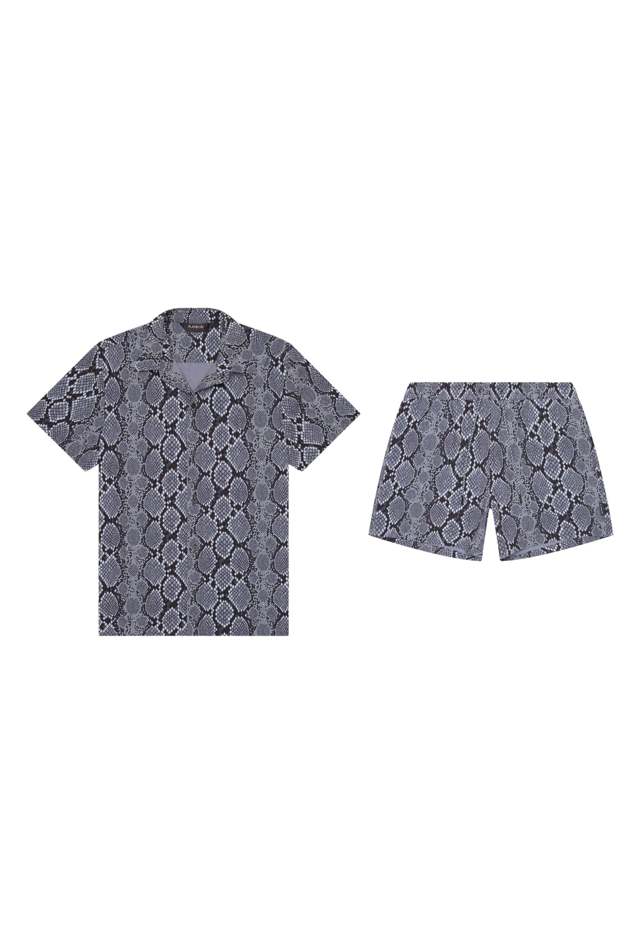 Men's black and grey snake print cabana set with matching shirt and shorts on white background.