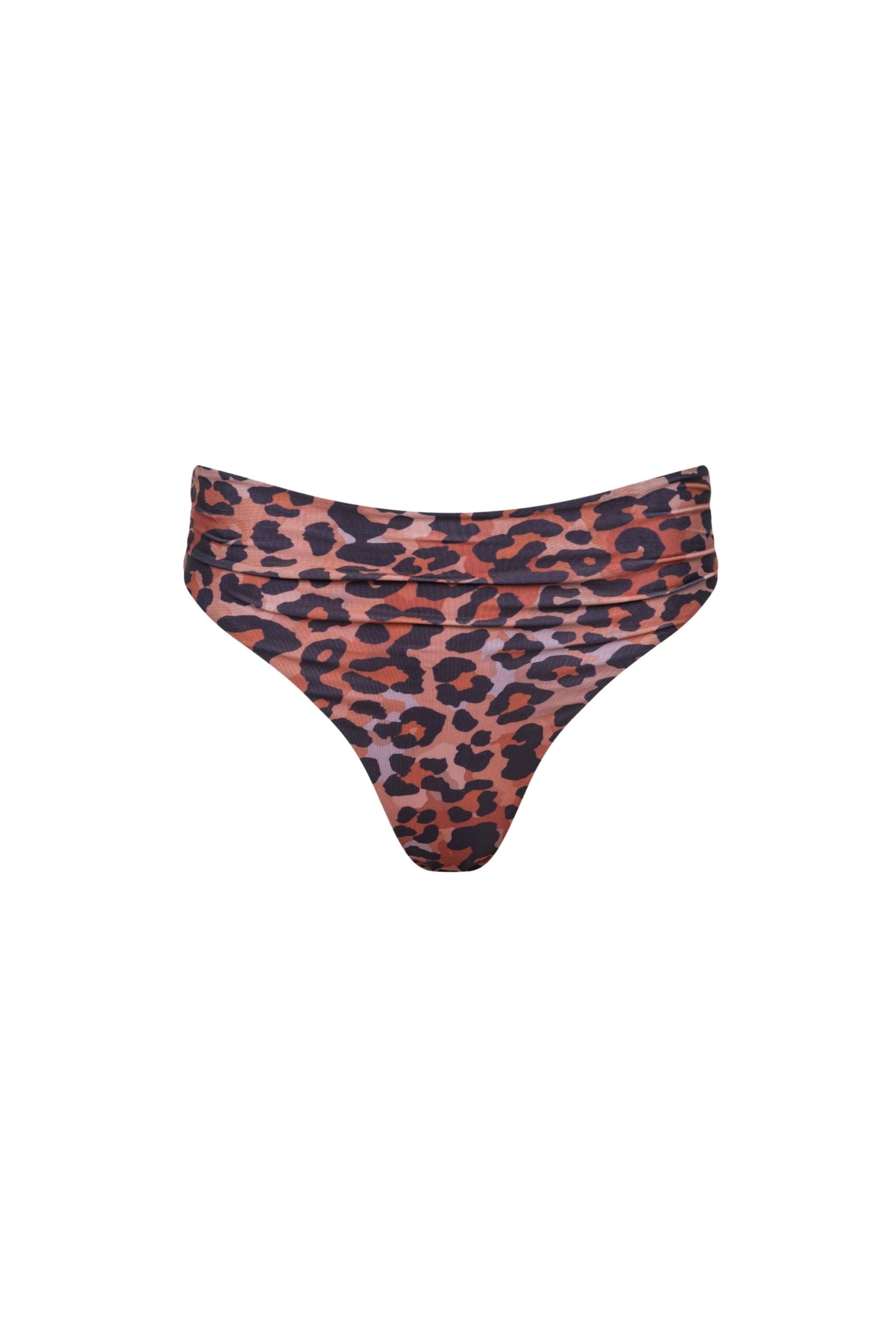 Capri Ruched High Waist Thong Bikini Bottom Leopard