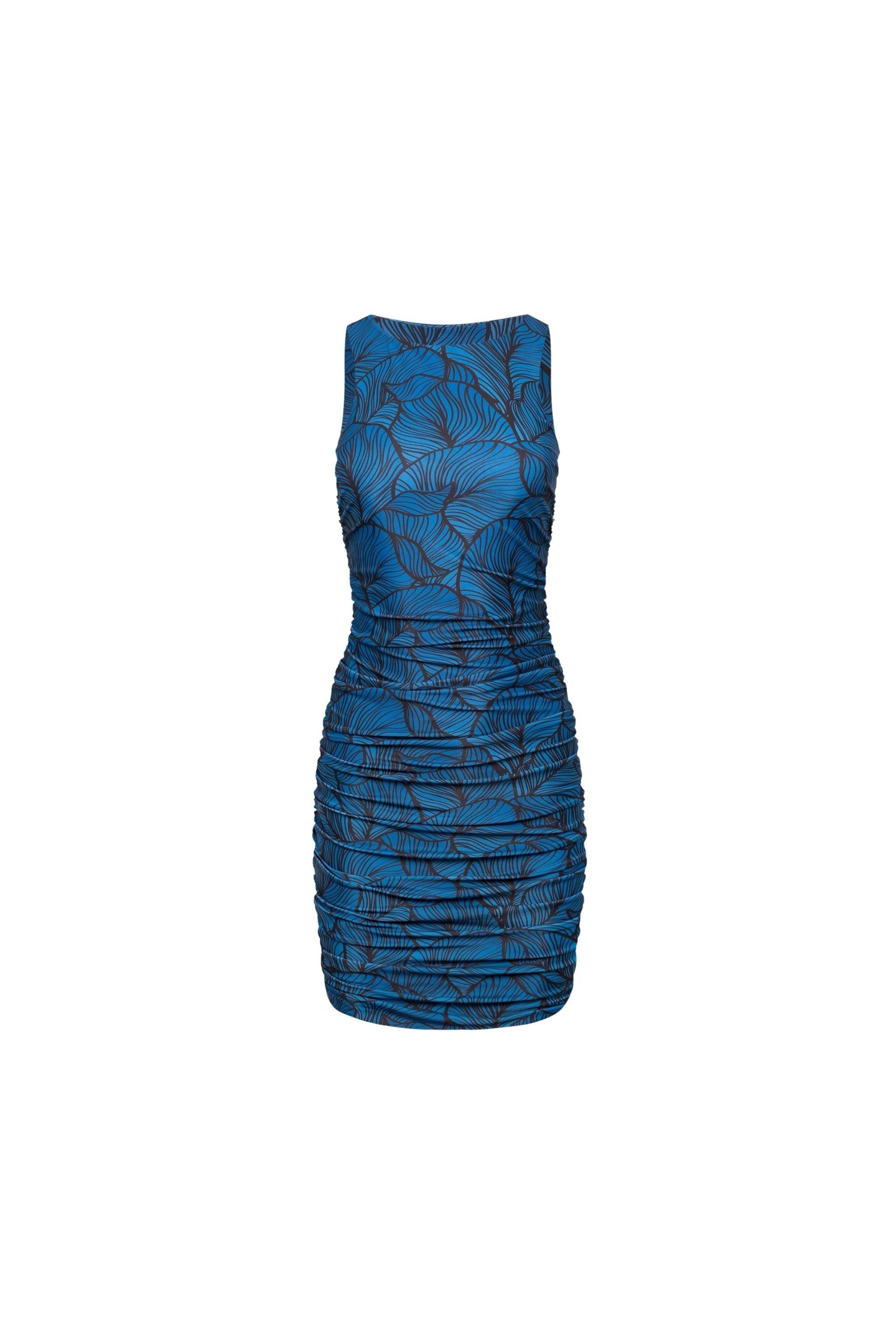 Ibiza Ruched Mini Dress Blue Leaf