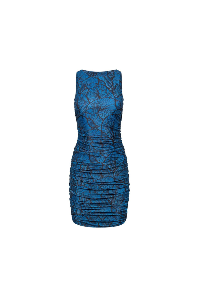 Ibiza Ruched Mini Dress Blue Leaf