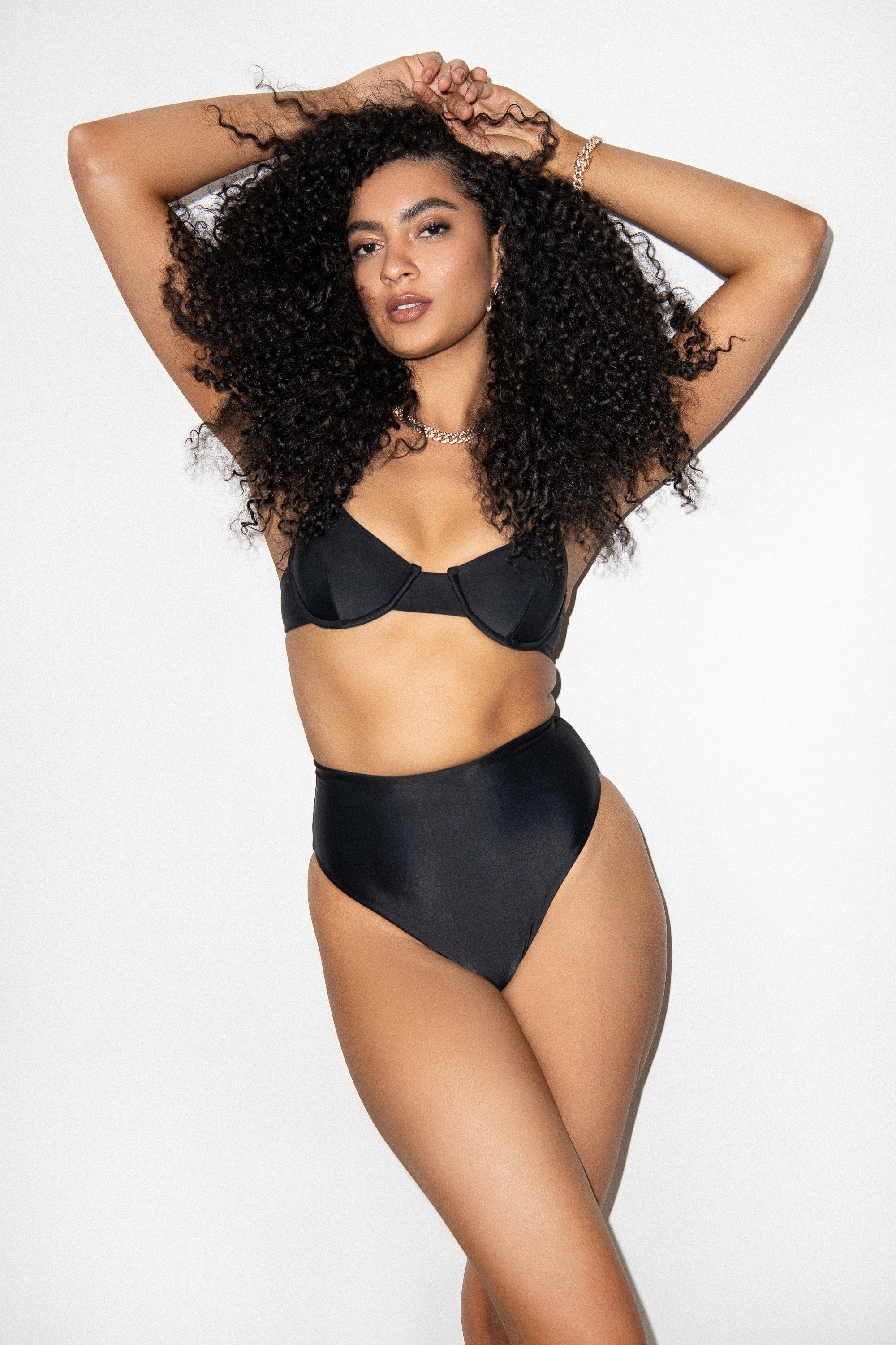 Black high waist bikini bottom with cheeky coverage for women by PLAYALUXE