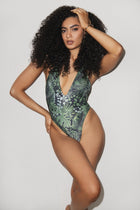 Green Jungle Print Deep V One Piece - PLAYALUXE