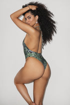 Green Jungle Print Deep V One Piece - PLAYALUXE