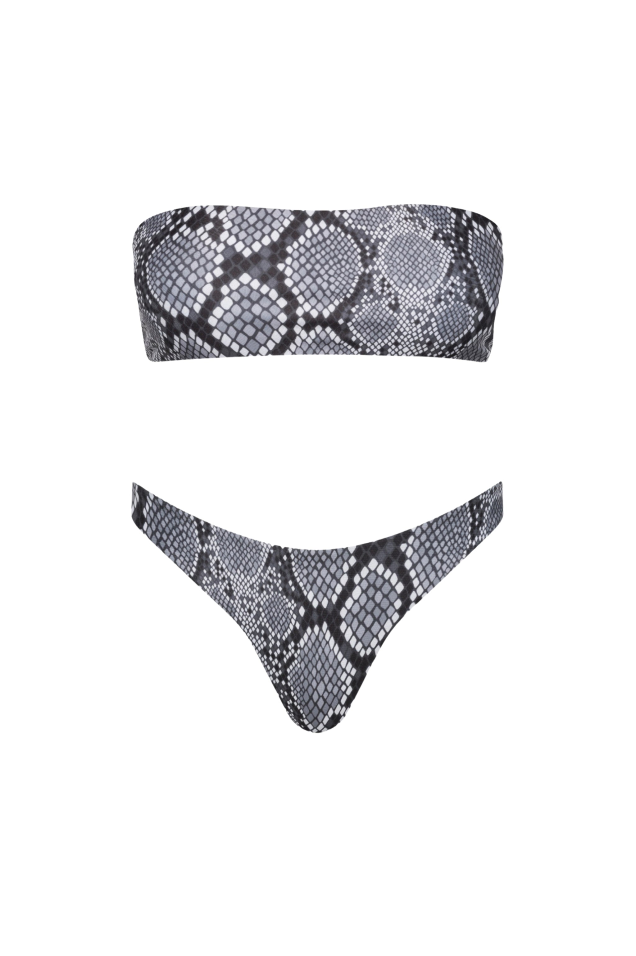 Black and white patterned bandeau bikini top and bottom