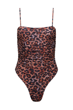 Leopard print swimsuit with ruched design and thin straps on a white background