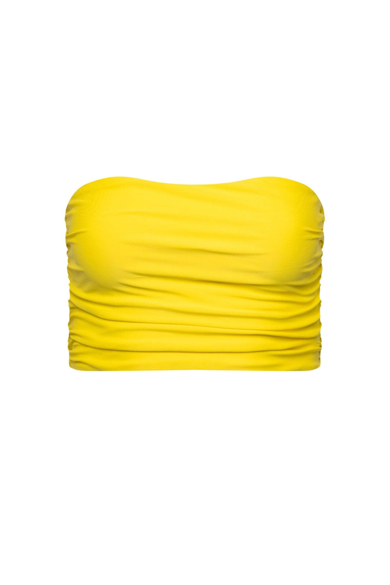 A strapless yellow longline tankini top with fabric ruching and side seam boning.