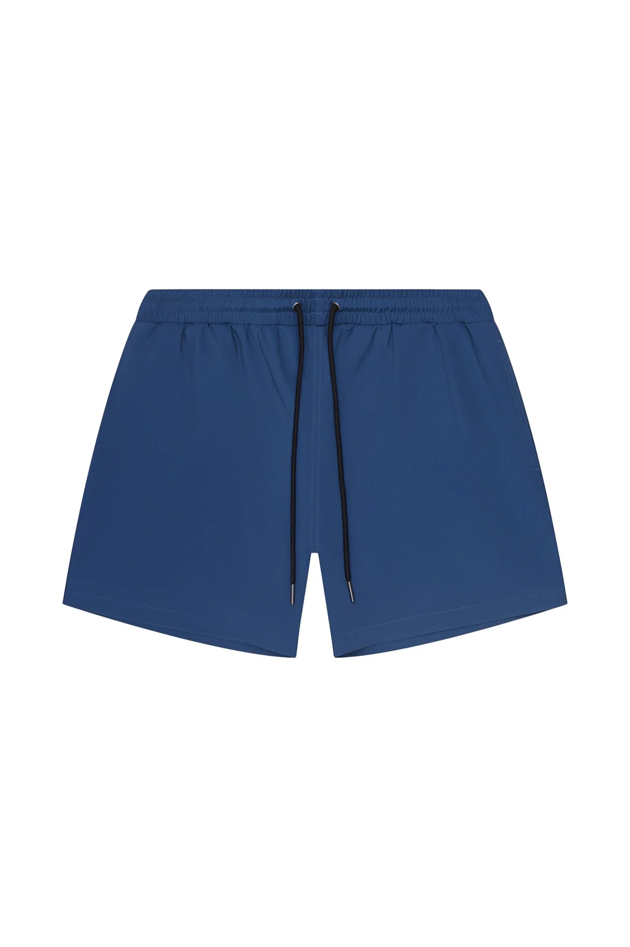 Men's petrol blue swim trunks with black drawstring and elastic waistband, front view