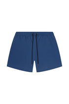 Men's petrol blue swim trunks with black drawstring and elastic waistband, front view