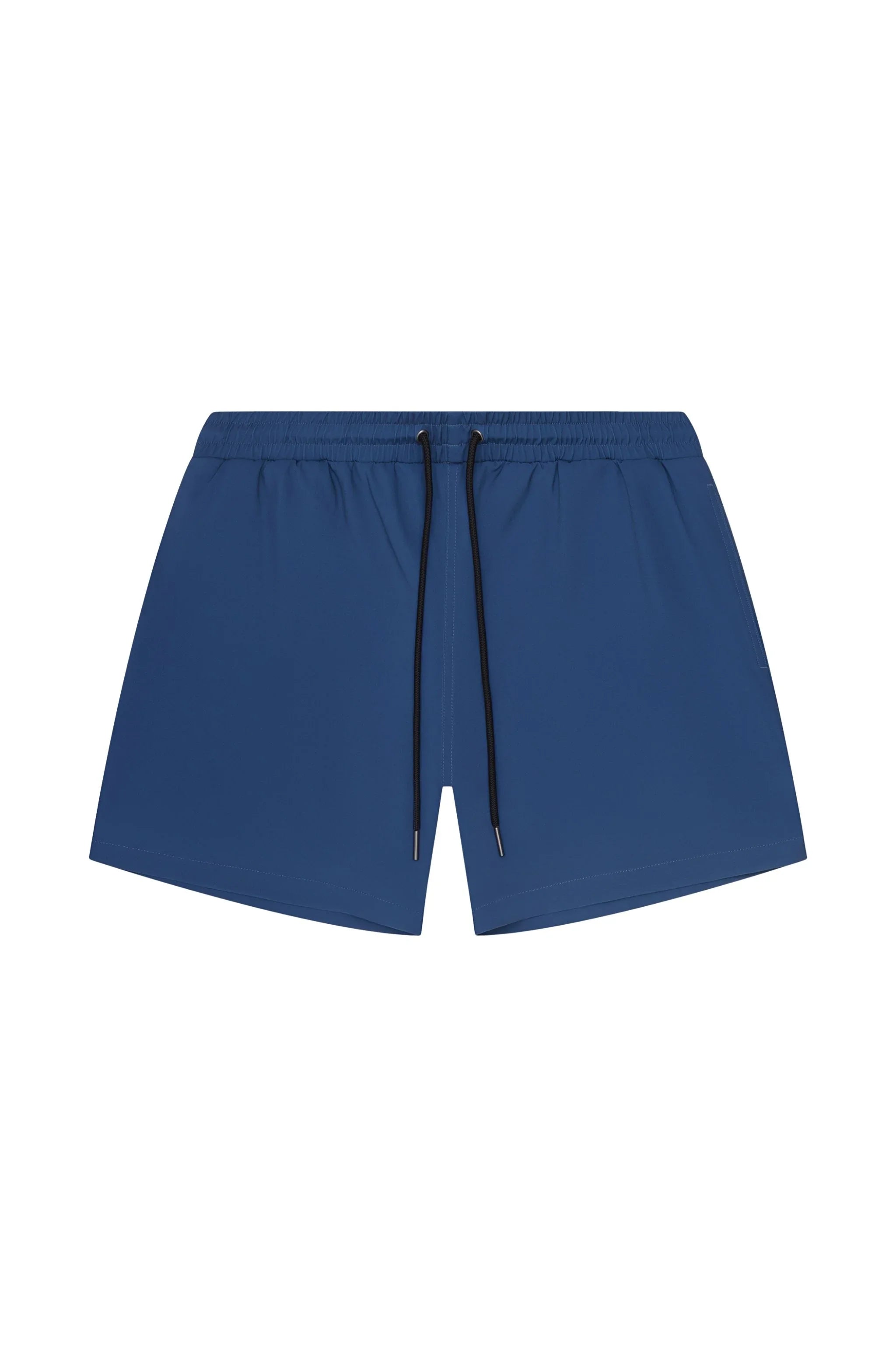 Men's petrol blue swim trunks with black drawstring and elastic waistband, front view