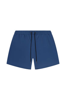 Men's petrol blue swim trunks with black drawstring and elastic waistband, front view