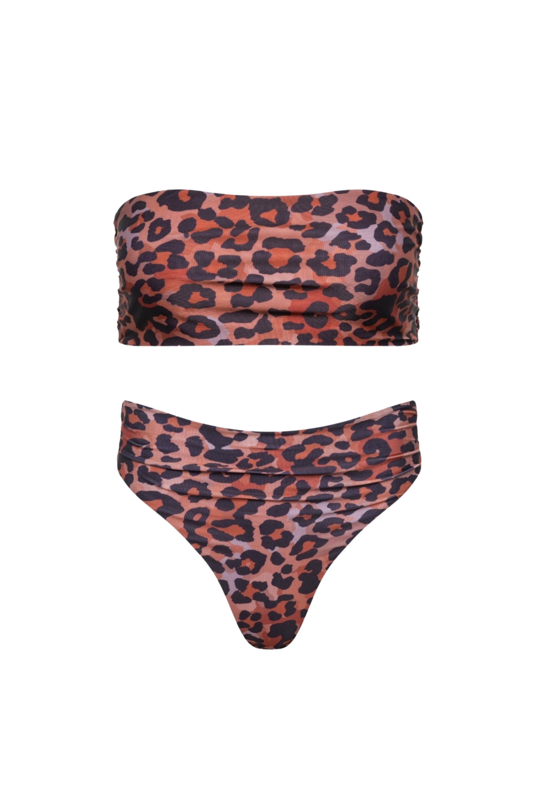 Leopard print bikini set with strapless top and ruched high-waist thong bottom