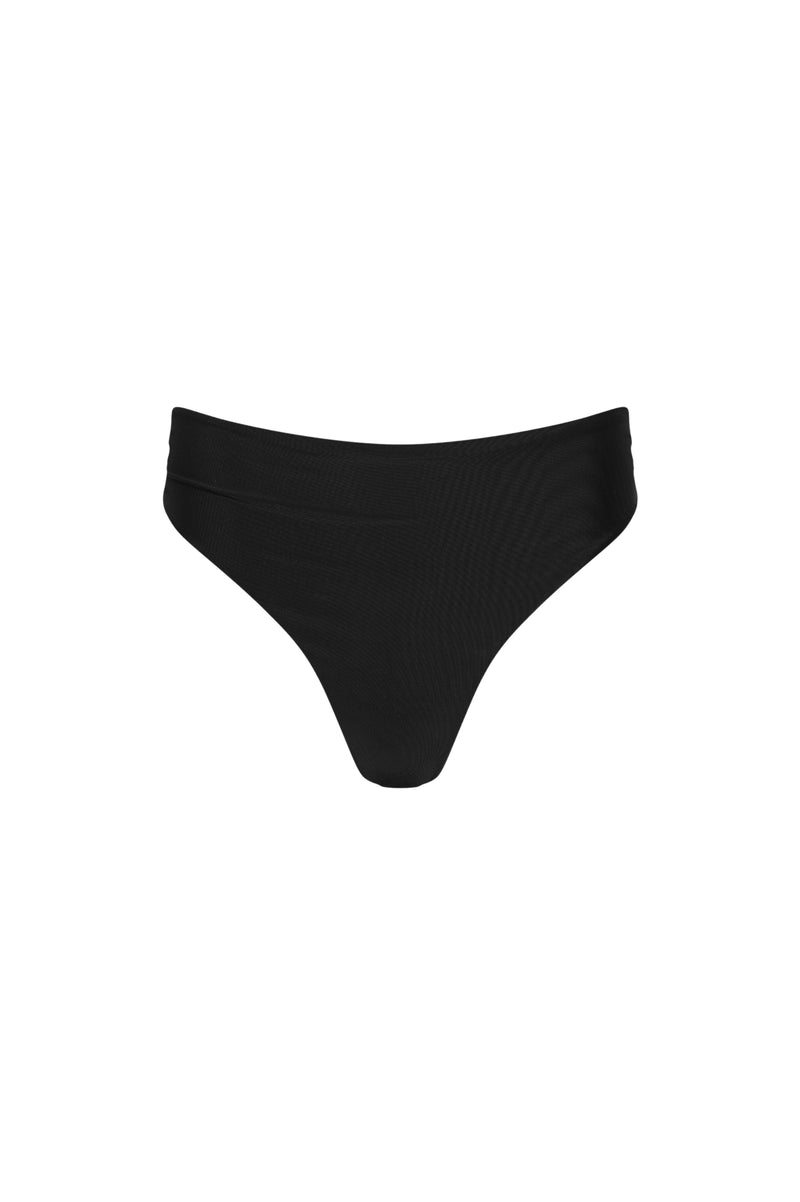 Capri Ruched High Waist Thong Bikini Bottom Black - PLAYALUXE