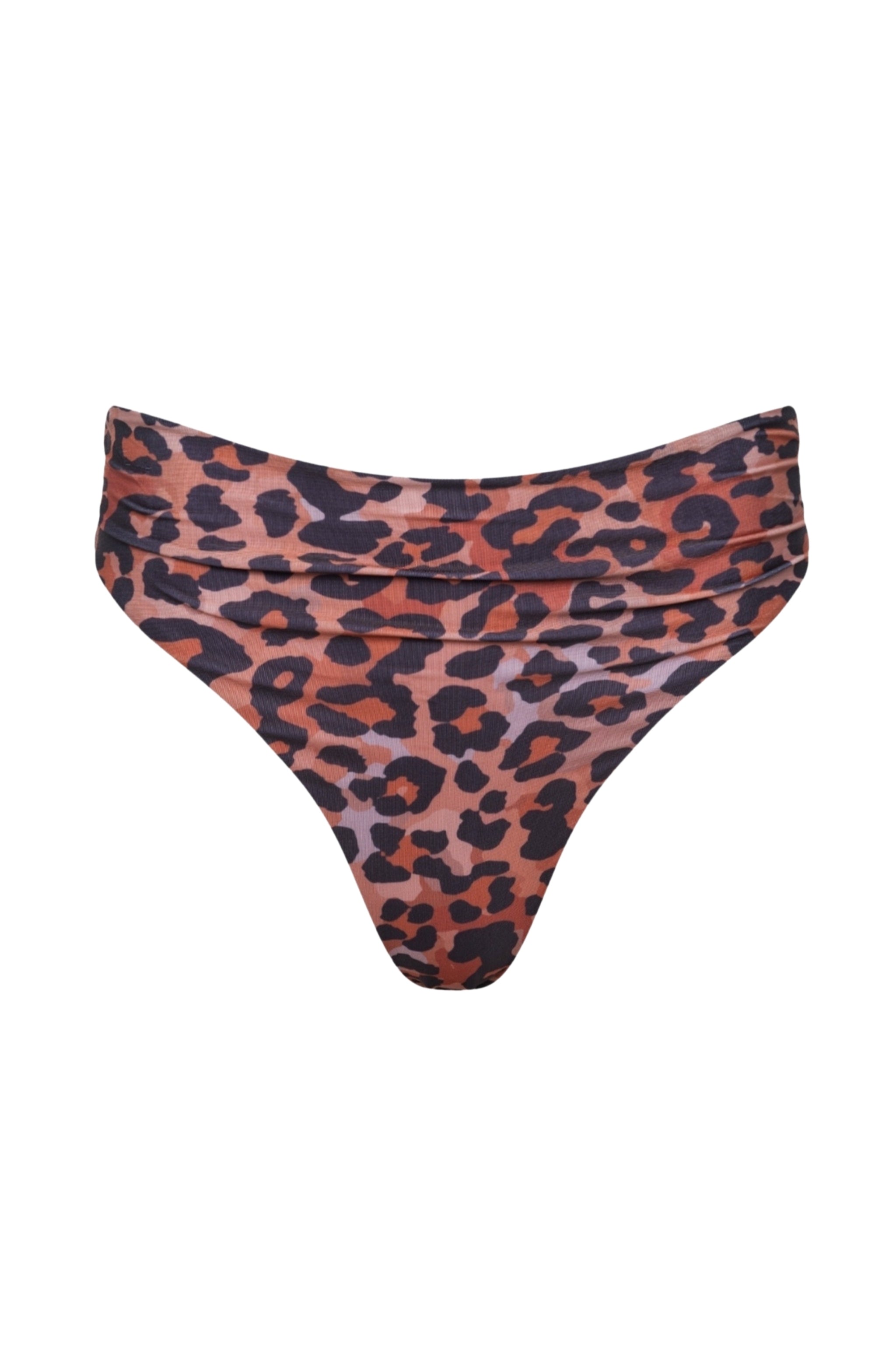 Leopard print high-waist thong bikini bottom on a white background