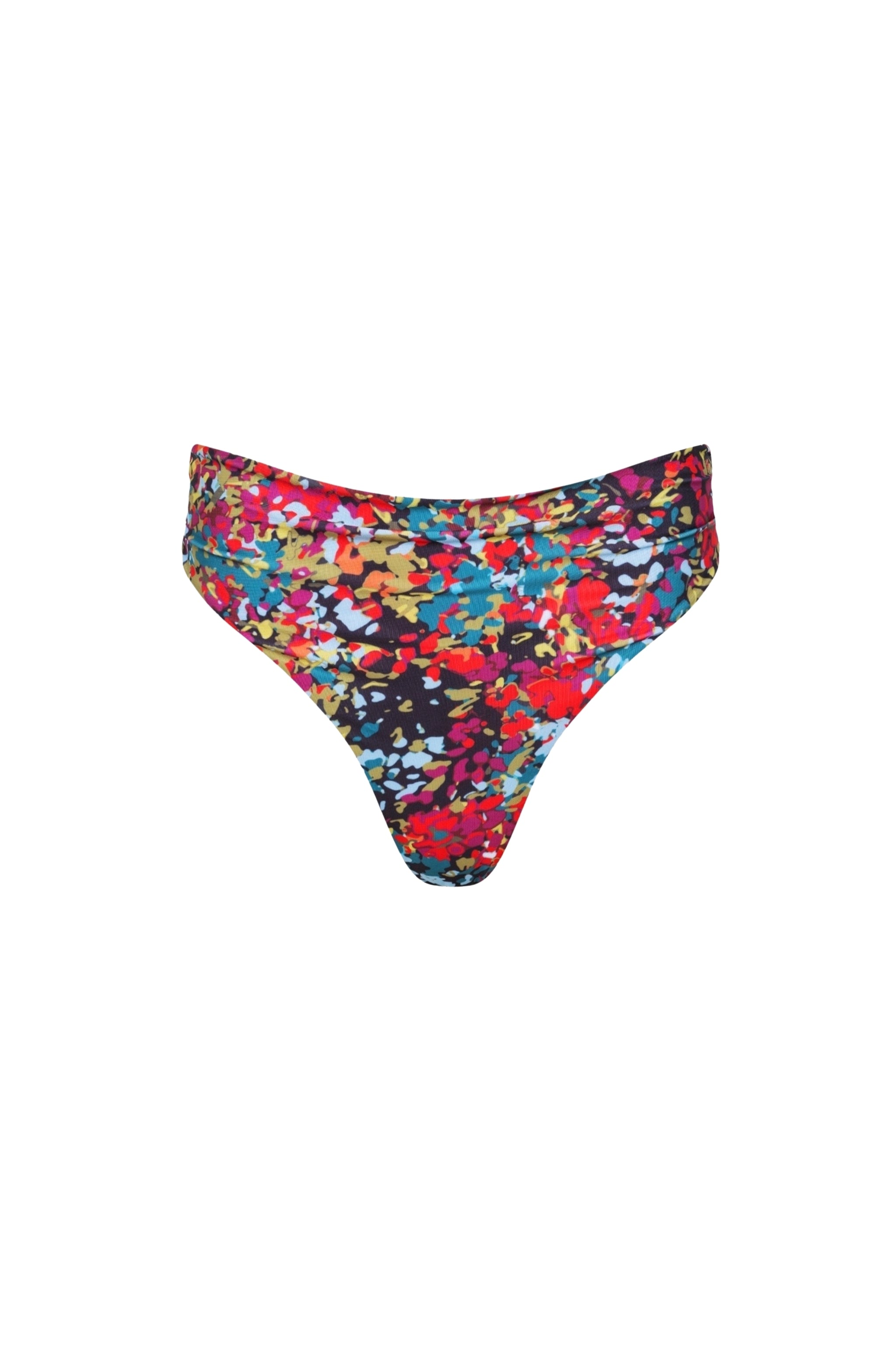 Capri Ruched High Waist Thong Bikini Bottom Red Confetti - PLAYALUXE