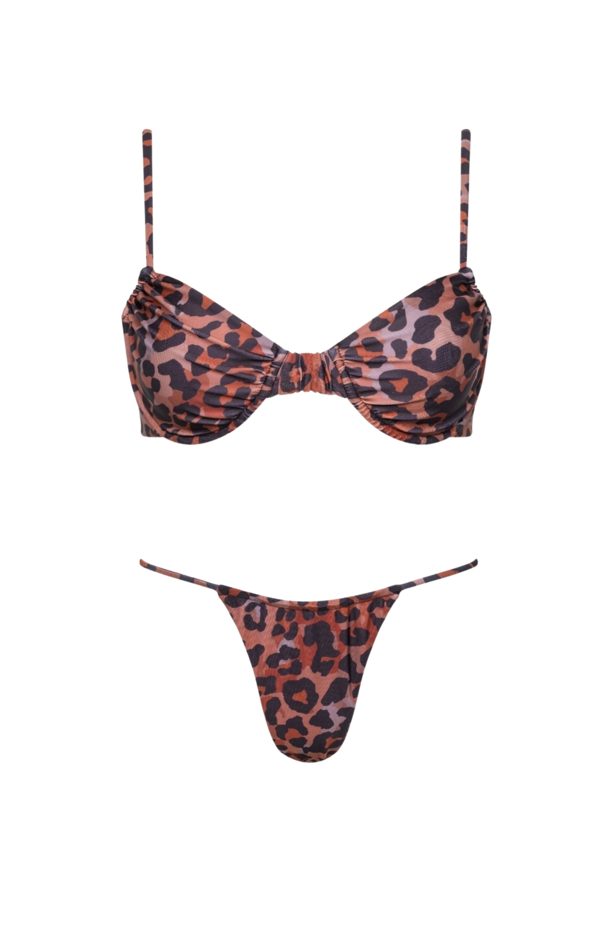 Leopard print underwire bikini set with ruched thong bottom