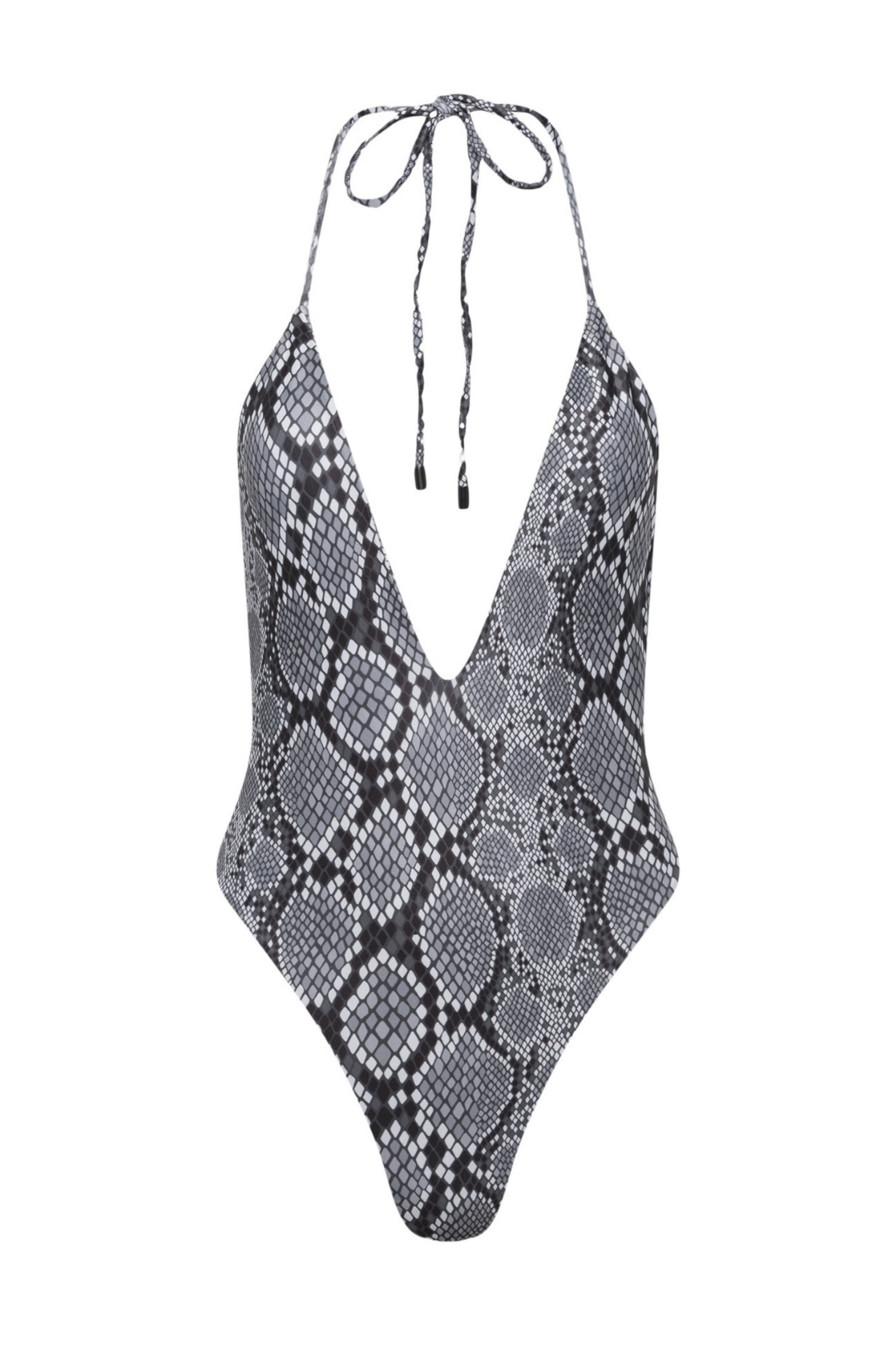 Snake print swimsuit with deep v plunging neckline on a white background