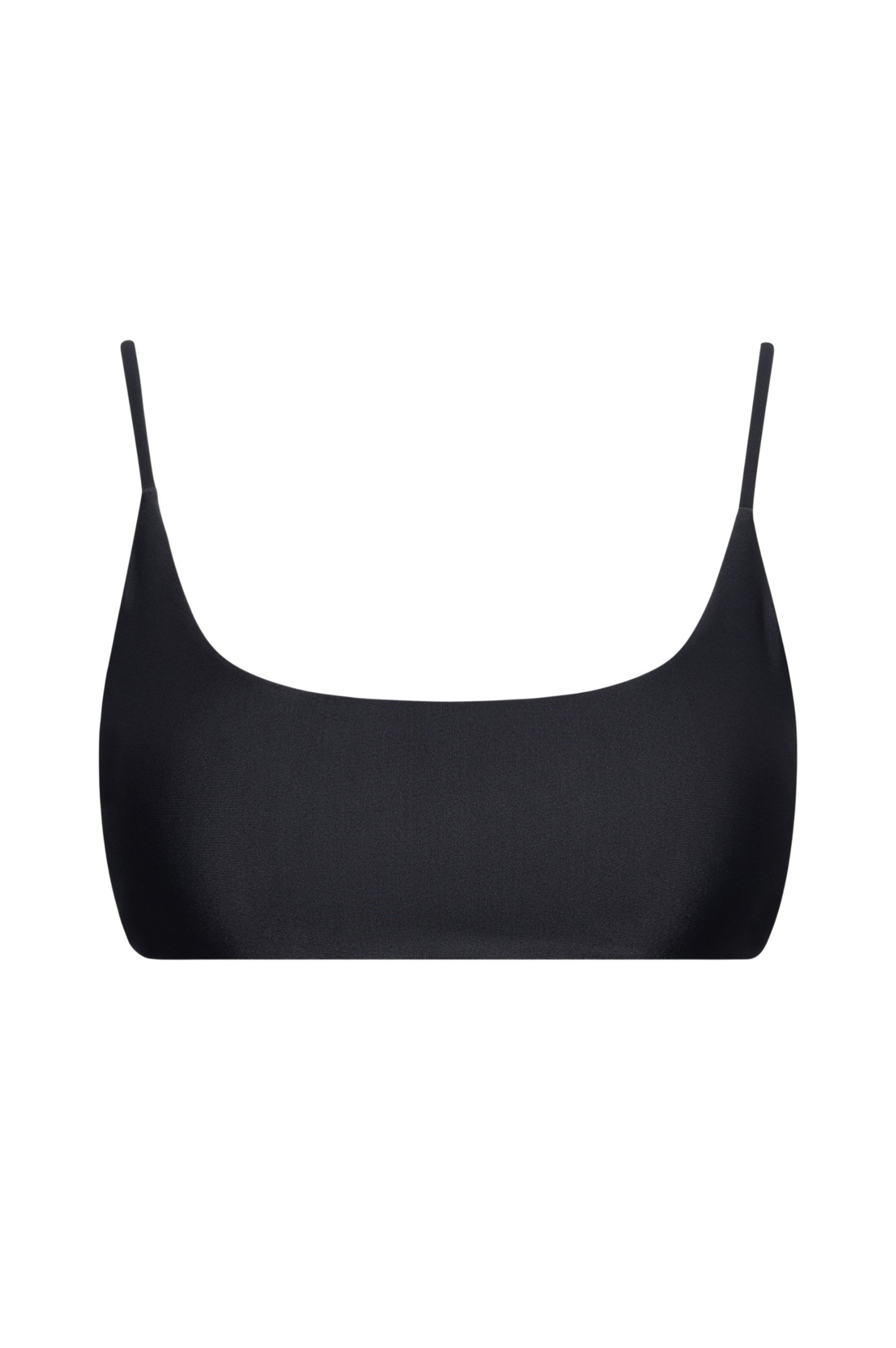 Black bralette bikini top with thin straps on a white background